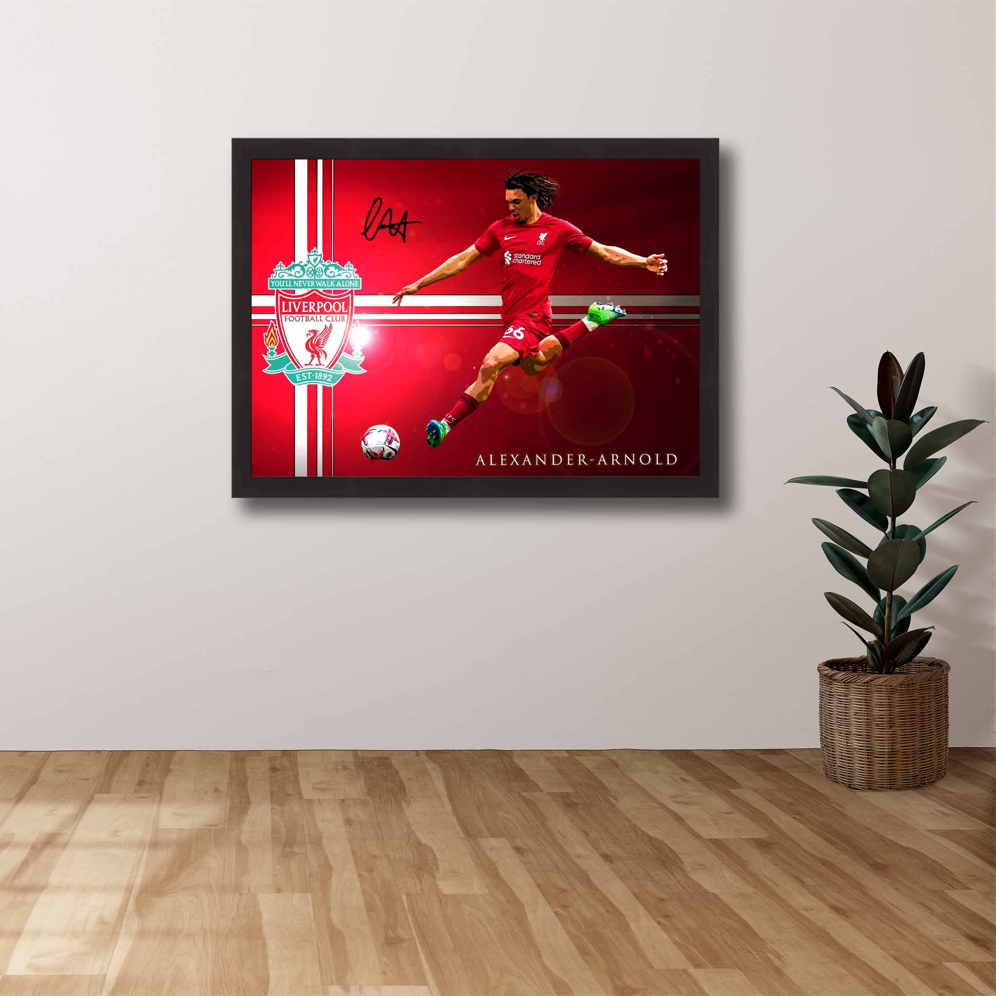 Devoted Liverpool fan's tribute: Trent Alexander-Arnold framed art proudly displayed on the wall.