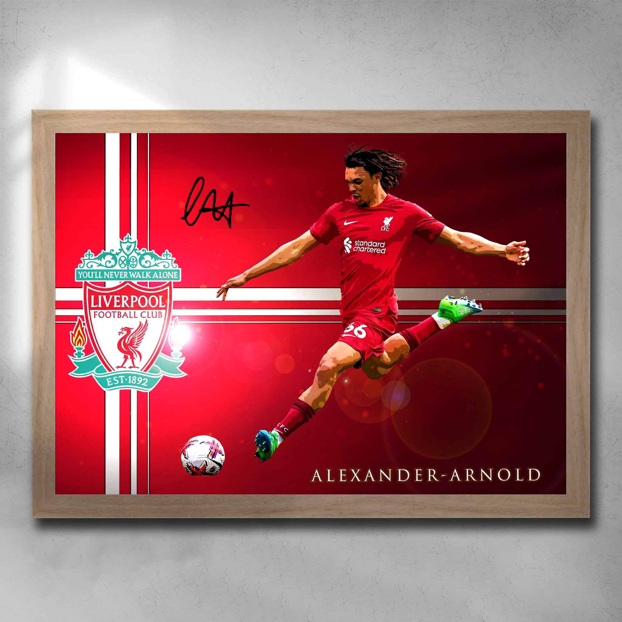 Oak framed soccer art by Sports Cave, featuring Trent Alexander-Arnold from Liverpool Football Club.