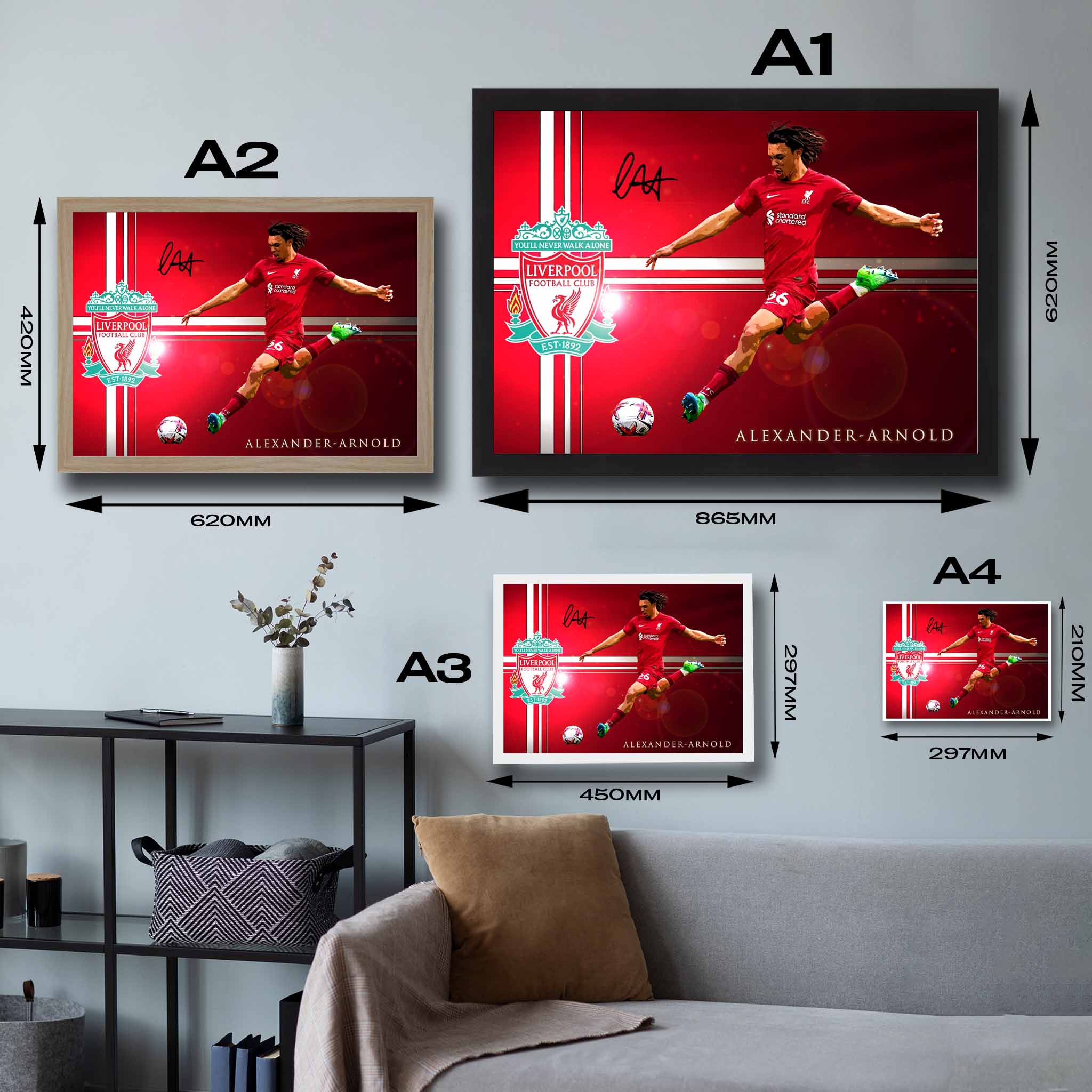 Visual representation of Trent Alexander-Arnold framed art size options, ranging from A4 to A2, for selecting the right size for your space.