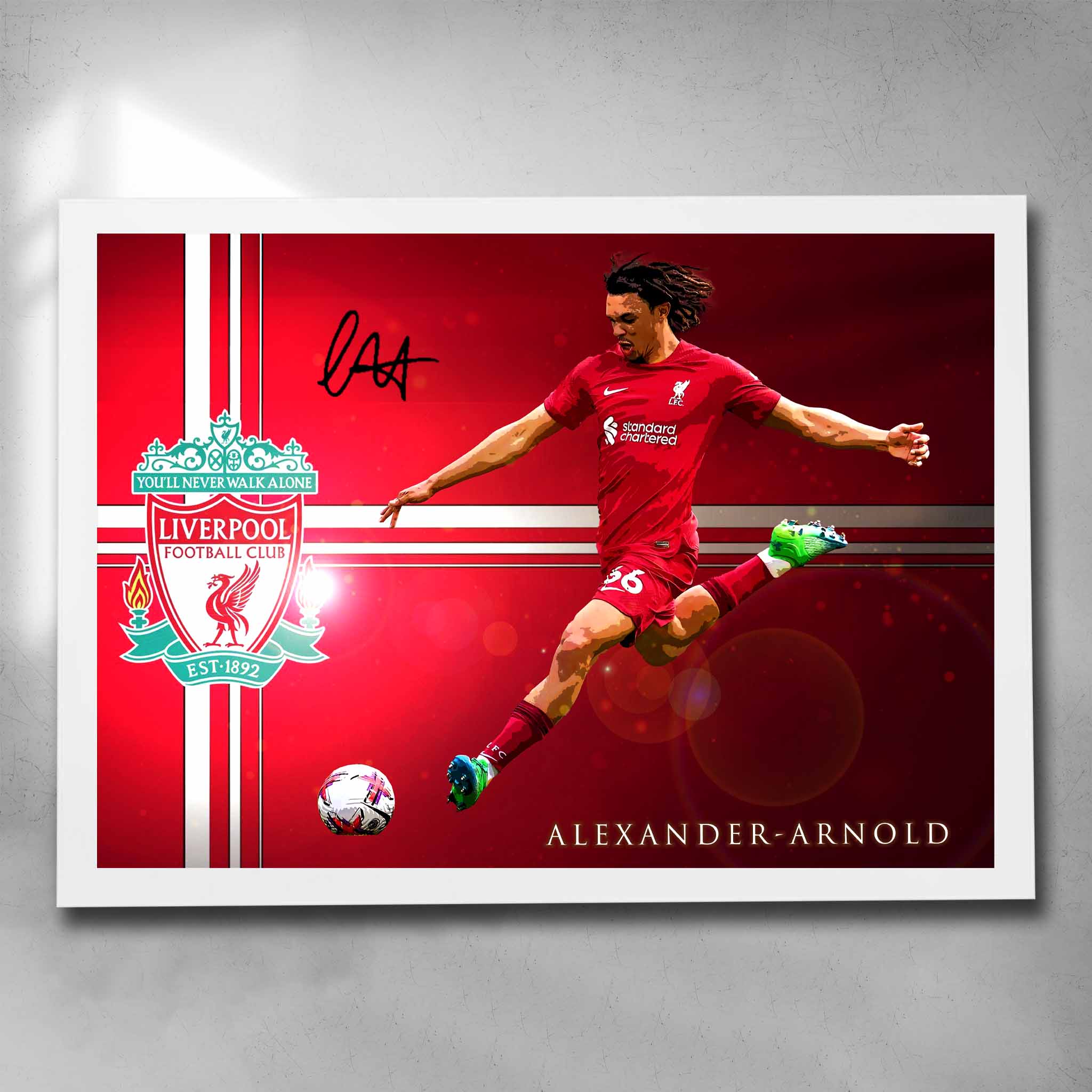 White framed soccer art by Sports Cave, featuring Trent Alexander-Arnold from Liverpool Football Club.