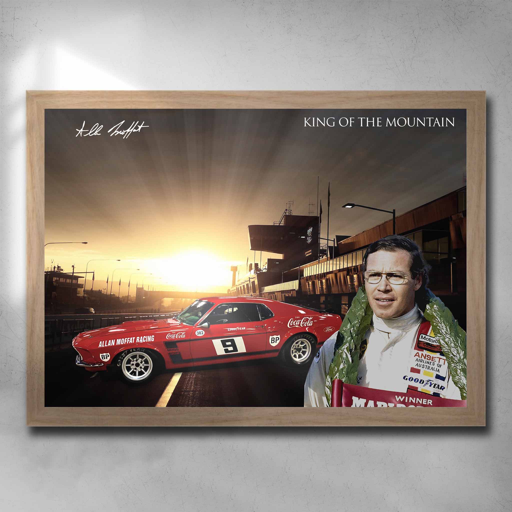 Oak framed V8 Supercar racing art by Sports Cave, featuring Allan Moffit with his 1979 Mustang.