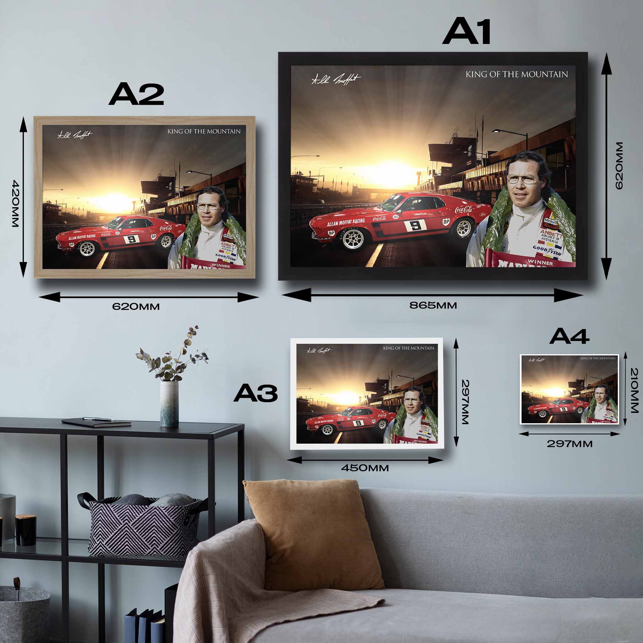 Visual representation of AllanMoffet framed art size options, ranging from S 21×29.7cm to L 42×62cm, for selecting the right size for your space.