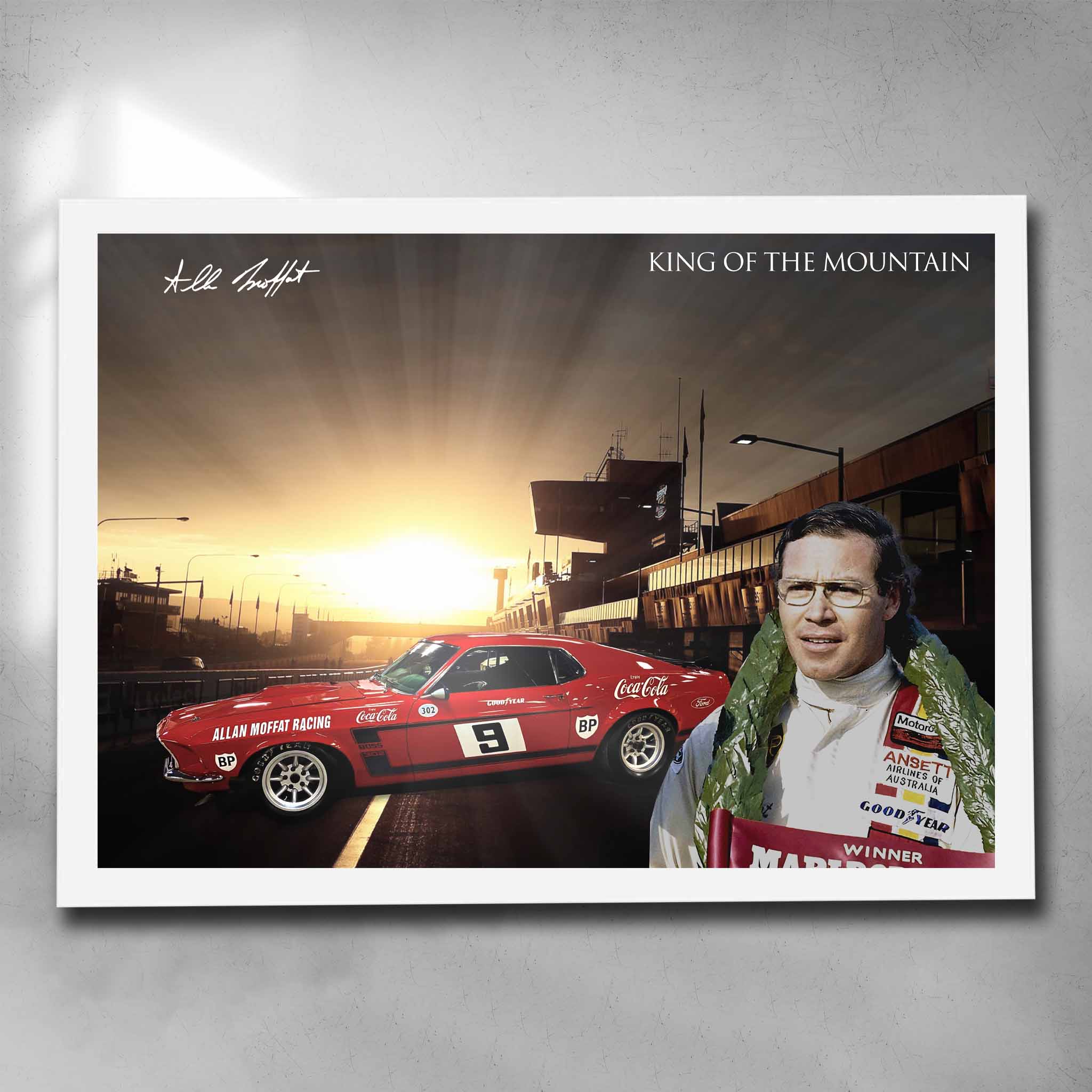 White framed V8 Supercar racing art by Sports Cave, featuring Allan Moffit with his 1979 Mustang.