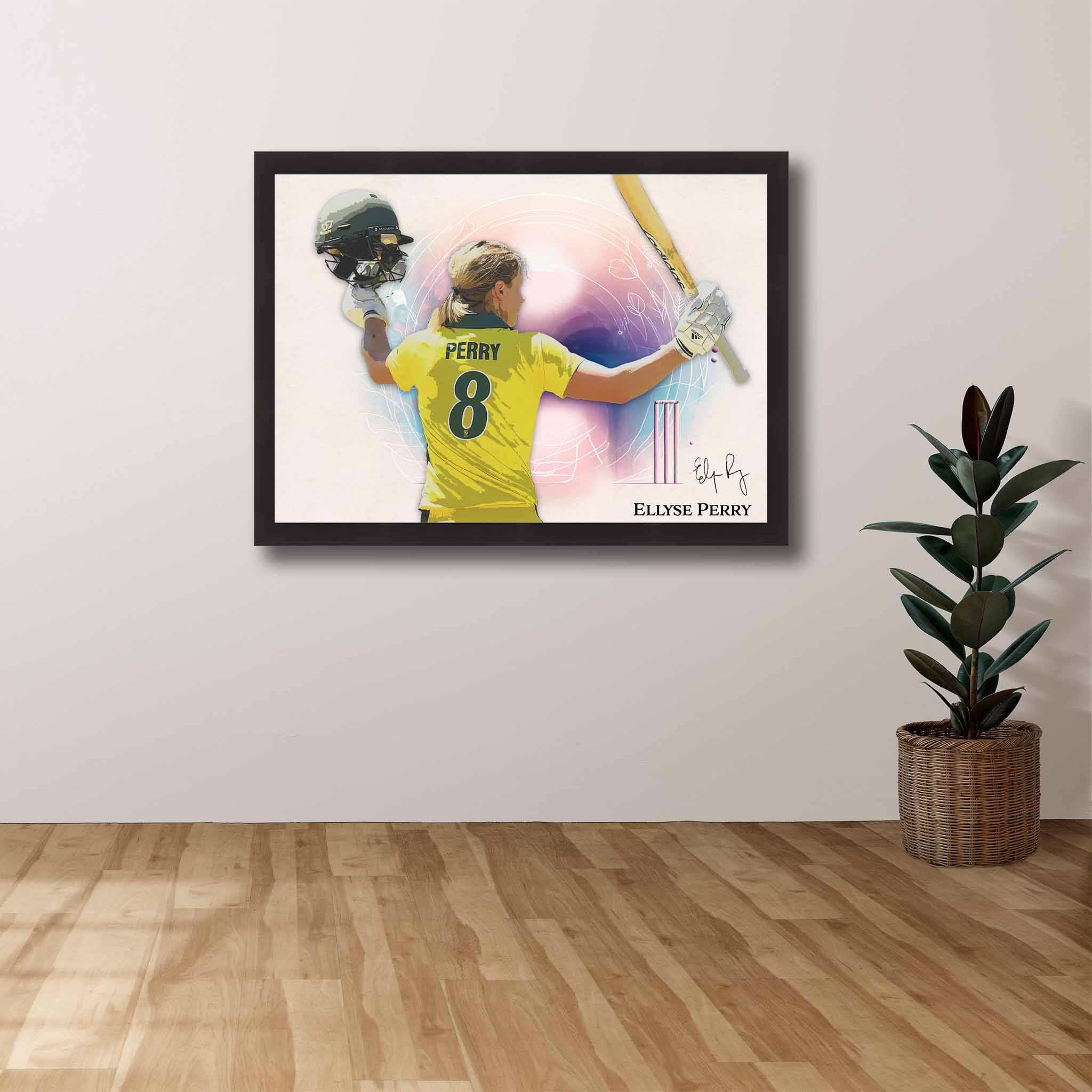 Australian women's cricket Supporters House, featuring a framed print of Ellyse Perry showcased on the wall.