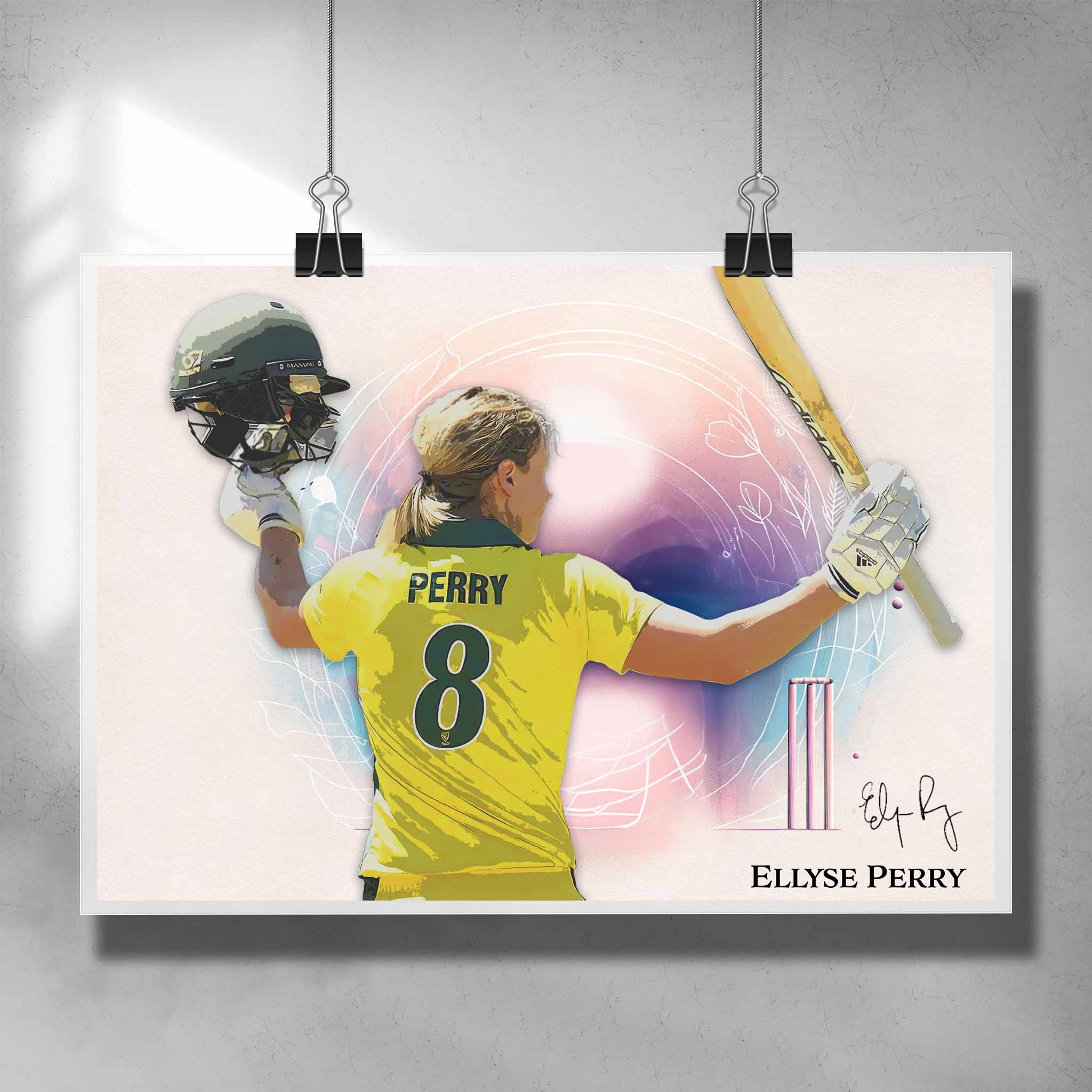 Unique cricket poster by Sports Cave, featuring Ellyse Perry from the Australian women's cricket team. 