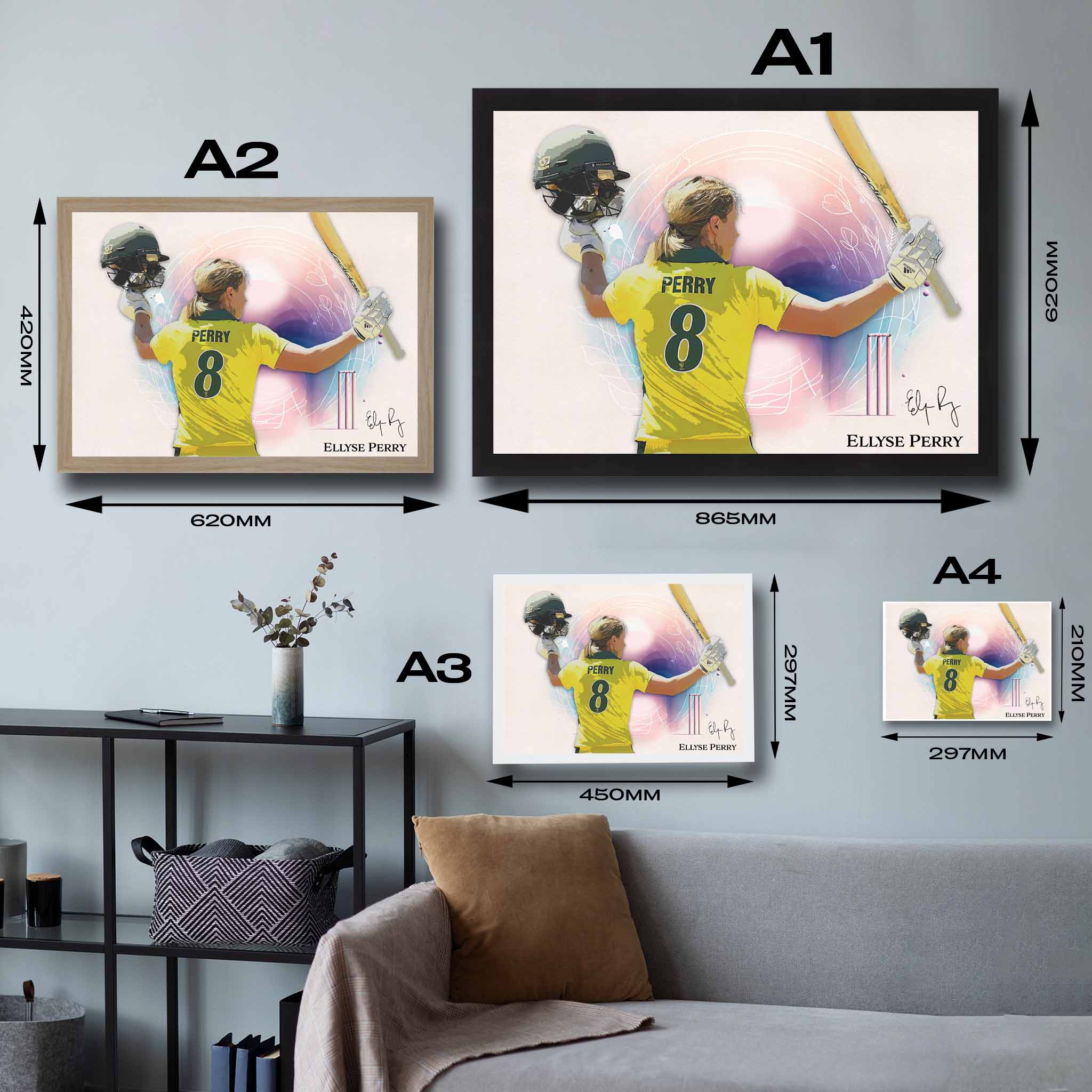 Visual representation of Ellyse Perry framed art size options, ranging from A4 to A2, for selecting the right size for your space.