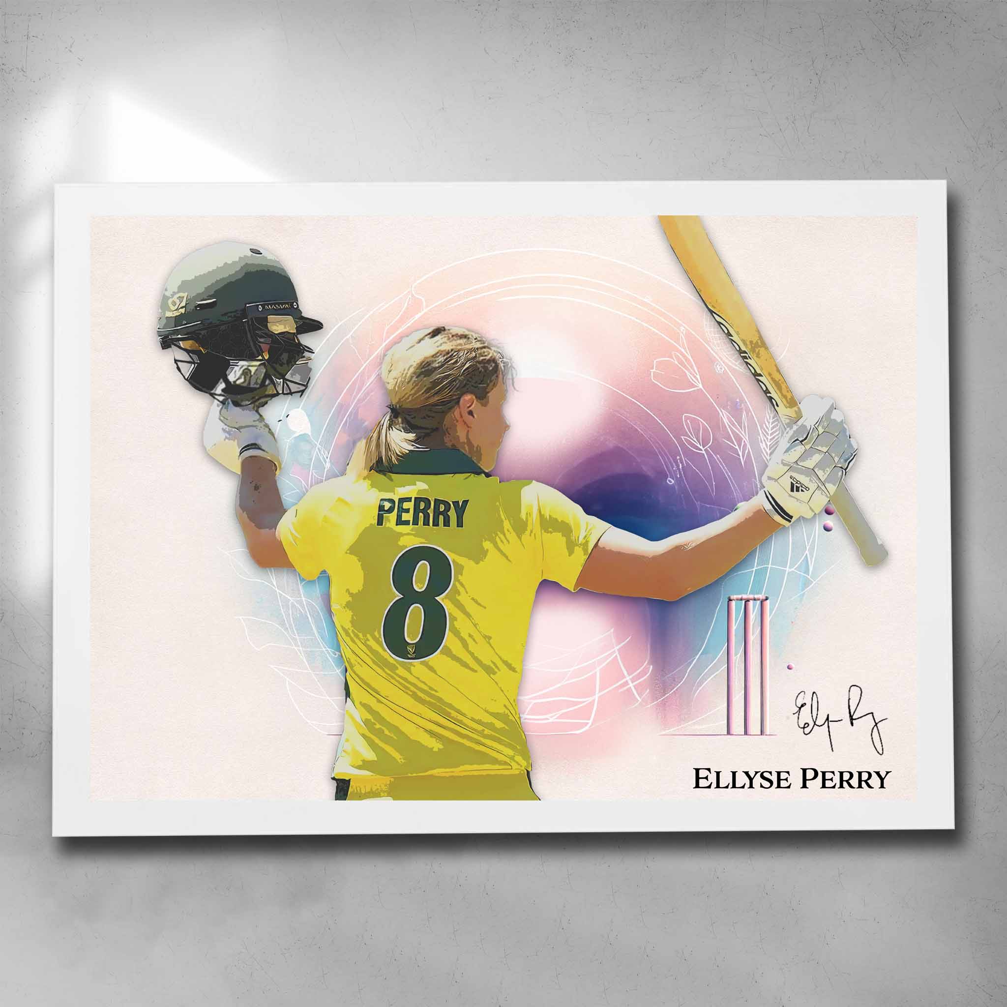 White framed cricket art by Sports Cave, featuring Ellyse Perry from the Australian women's cricket team. 