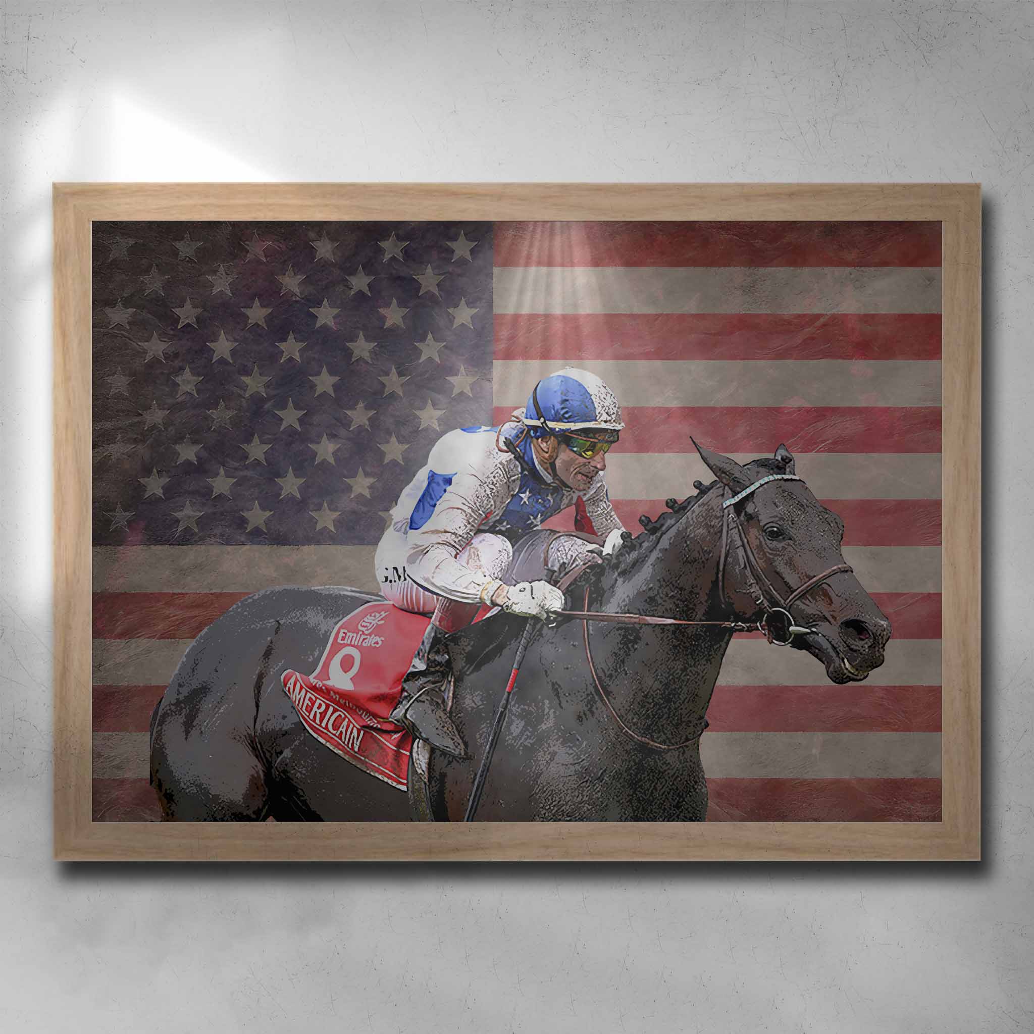 Oak framed horse racing art featuring the 2010 Melbourne Cup winner Americain - Artwork by Sports Cave.