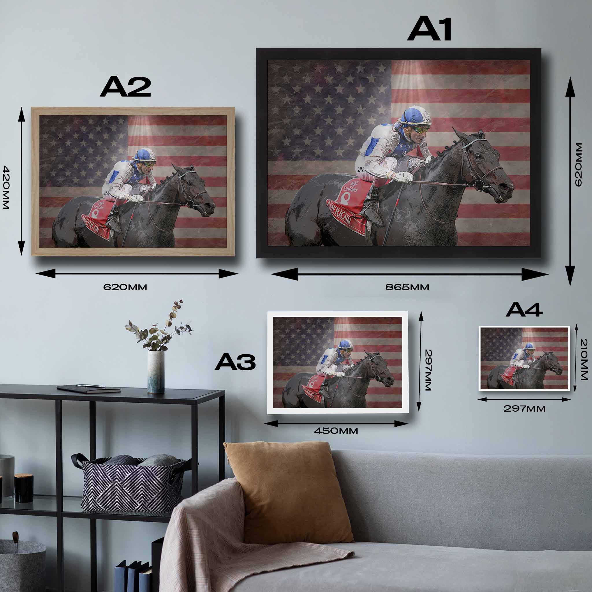 Visual representation of Americain framed art size options, ranging from S 21×29.7cm to L 42×62cm, to assist customers in selecting the right size for their space and preferences.