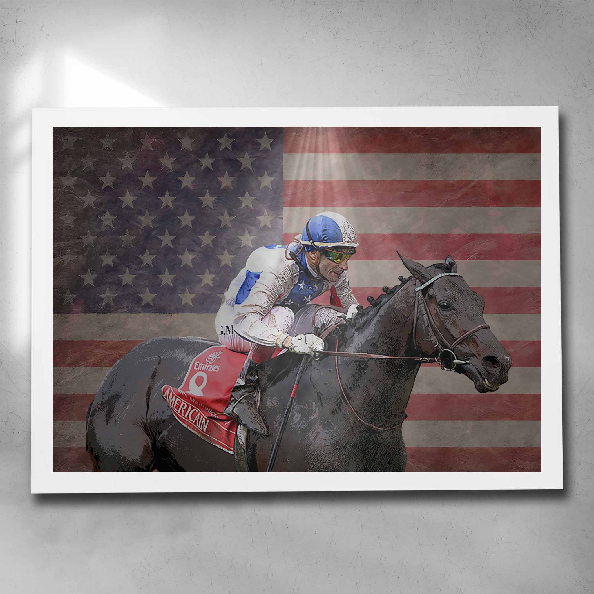 White framed horse racing art featuring the 2010 Melbourne Cup winner Americain - Artwork by Sports Cave.