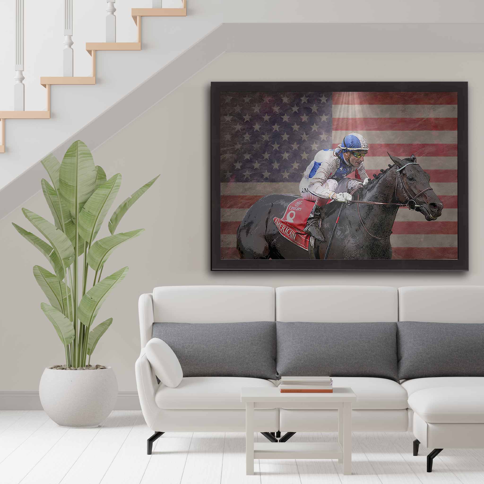 Black framed horsing racing art on display as home decor in a modern living room.