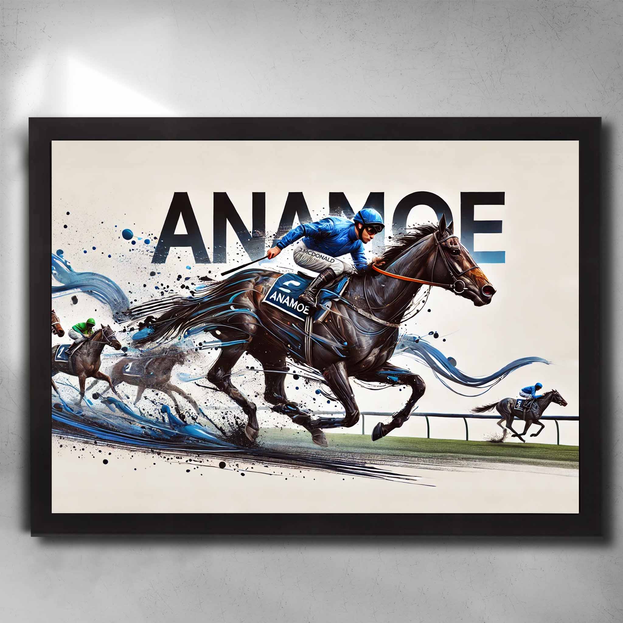 Anamoe Horse Racing Art in black frame by Sports Cave, featuring the champion horse Anamoe in action, perfect wall decor for horse racing fans and man cave enthusiasts.