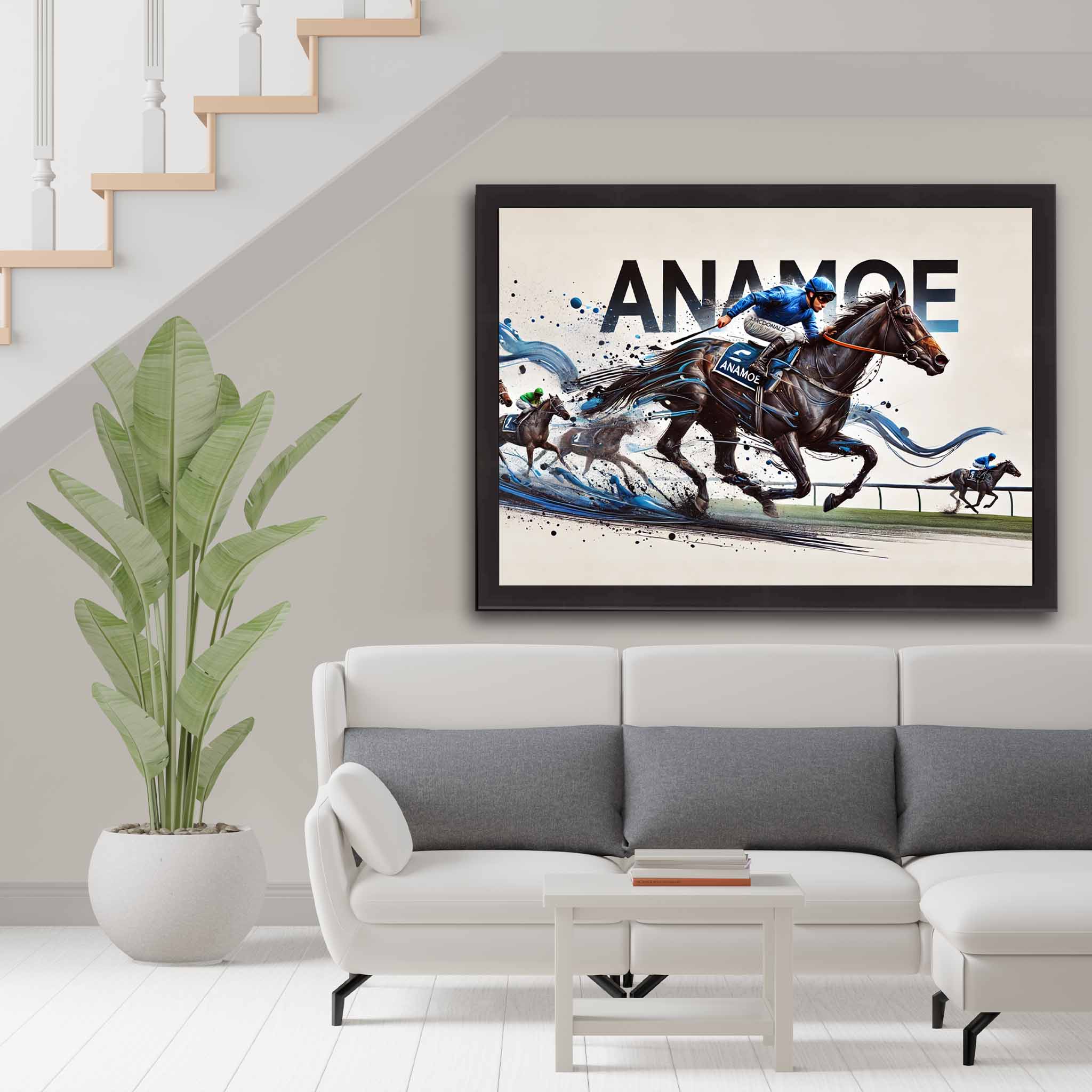 Anamoe Horse Racing Art in black frame by Sports Cave, displayed in a modern living room. The artwork captures Anamoe in full stride, bringing the excitement of horse racing into your home. Ideal for horse racing fans and man cave decor enthusiasts.