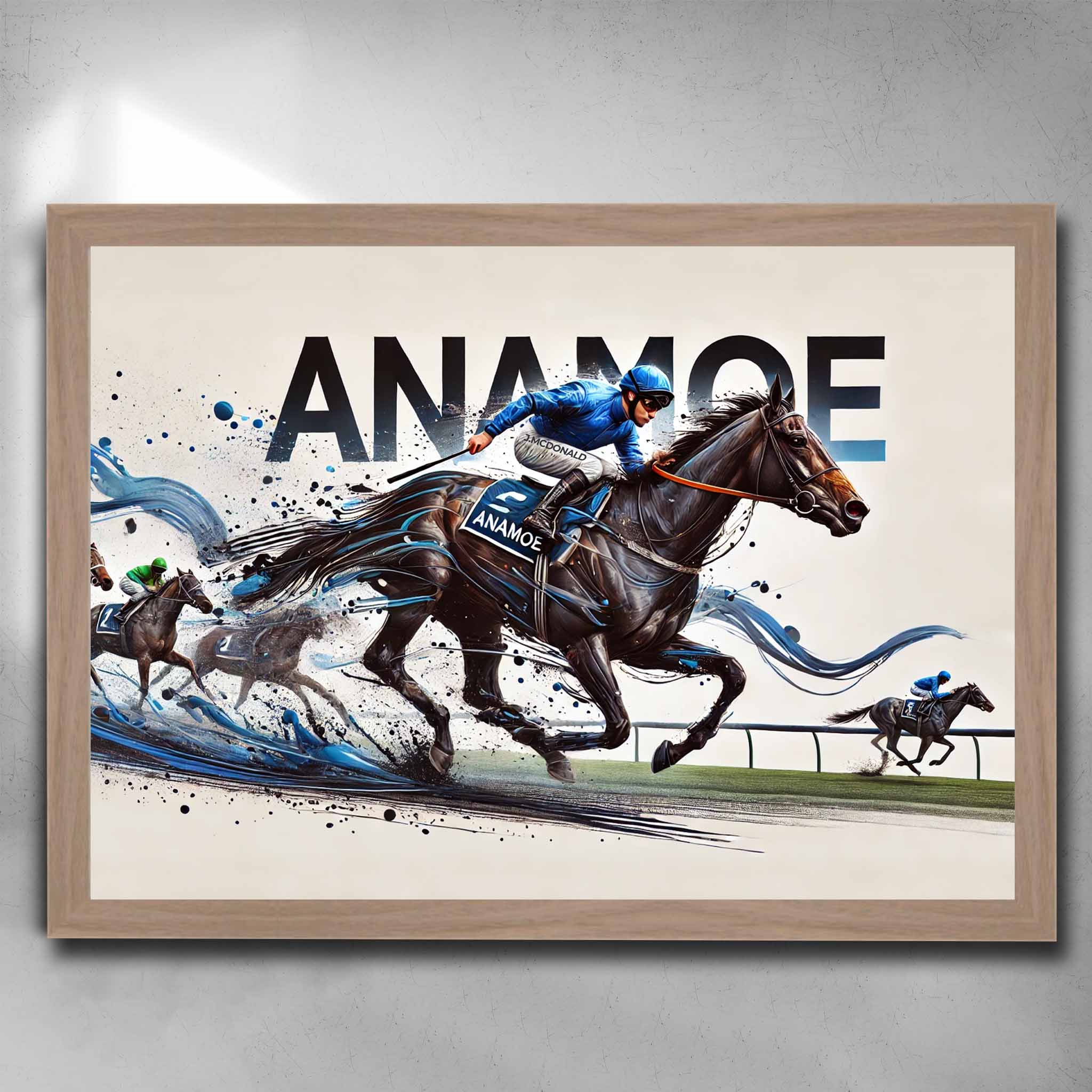 Anamoe Horse Racing Art in oak frame by Sports Cave, featuring the champion horse Anamoe in action, perfect wall decor for horse racing fans and man cave enthusiasts.