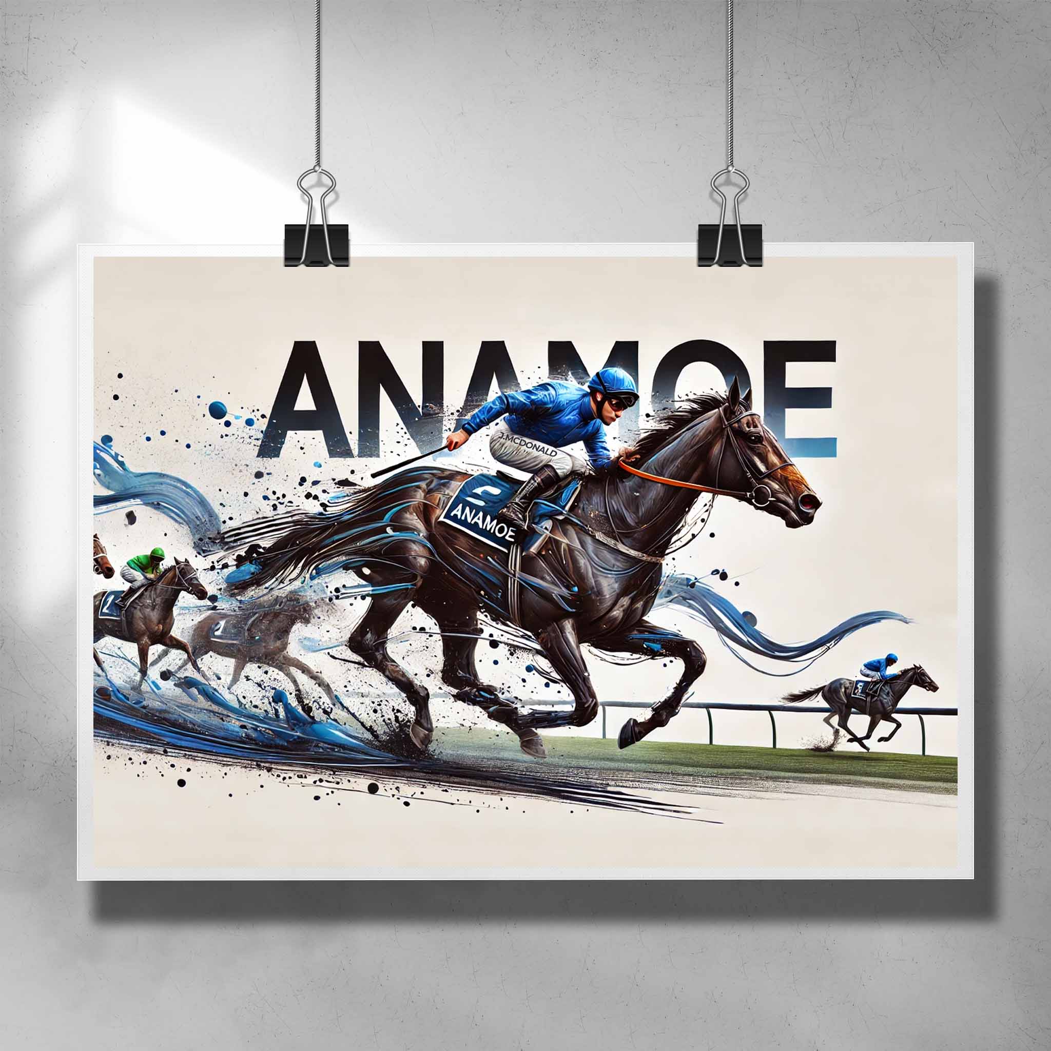 Anamoe Horse Racing Poster by Sports Cave, featuring the champion horse Anamoe in action, perfect wall decor for horse racing fans and man cave enthusiasts.