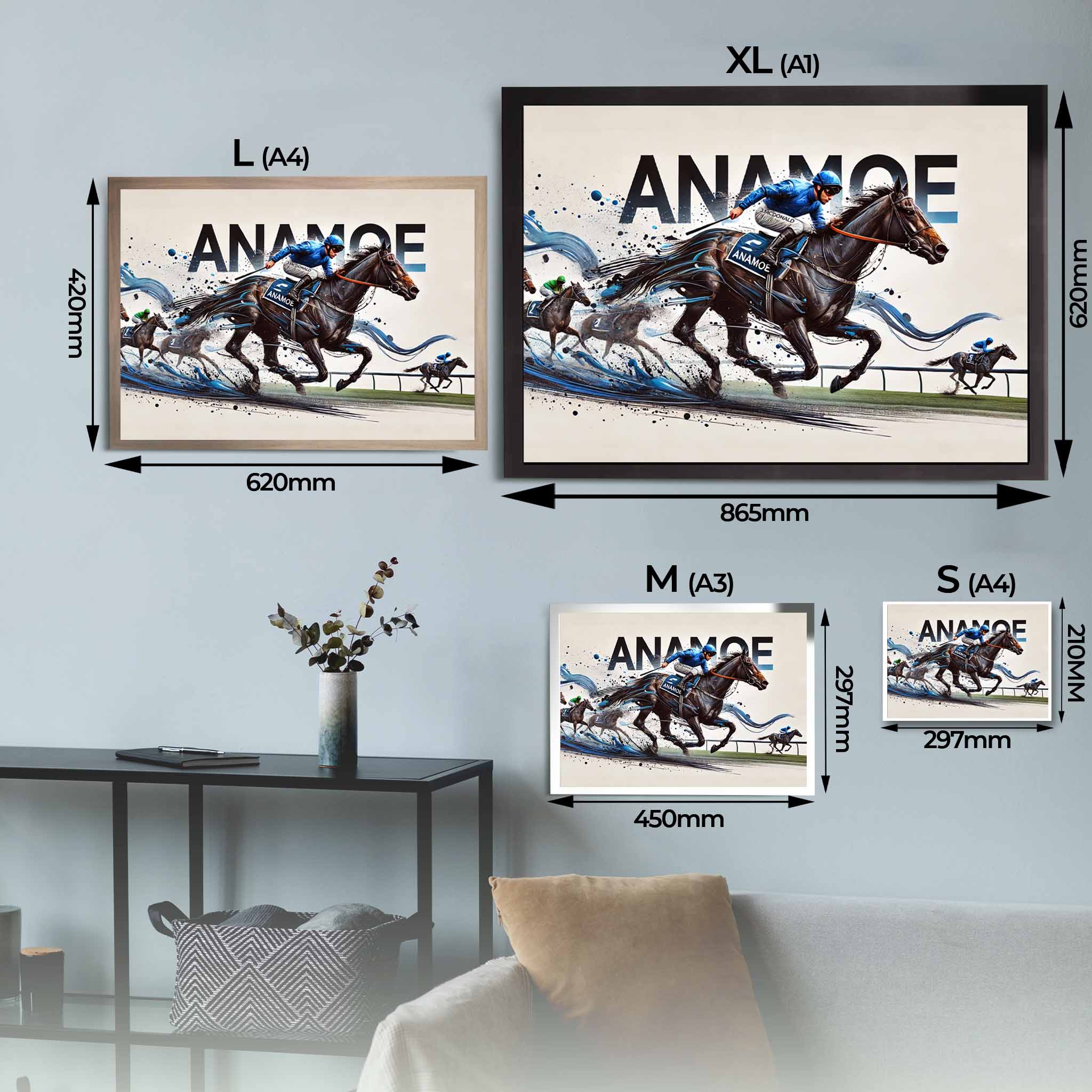 Anamoe Horse Racing Framed Art Sizing Guide.