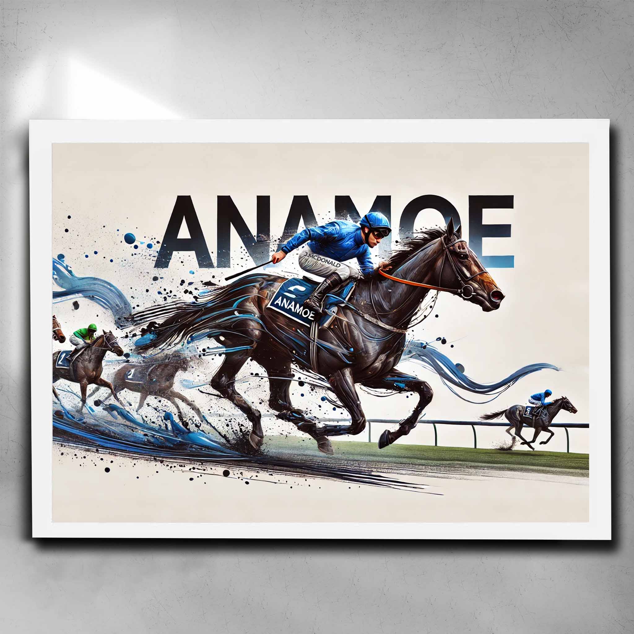 Anamoe Horse Racing Art in white frame by Sports Cave, featuring the champion horse Anamoe in action, perfect wall decor for horse racing fans and man cave enthusiasts.