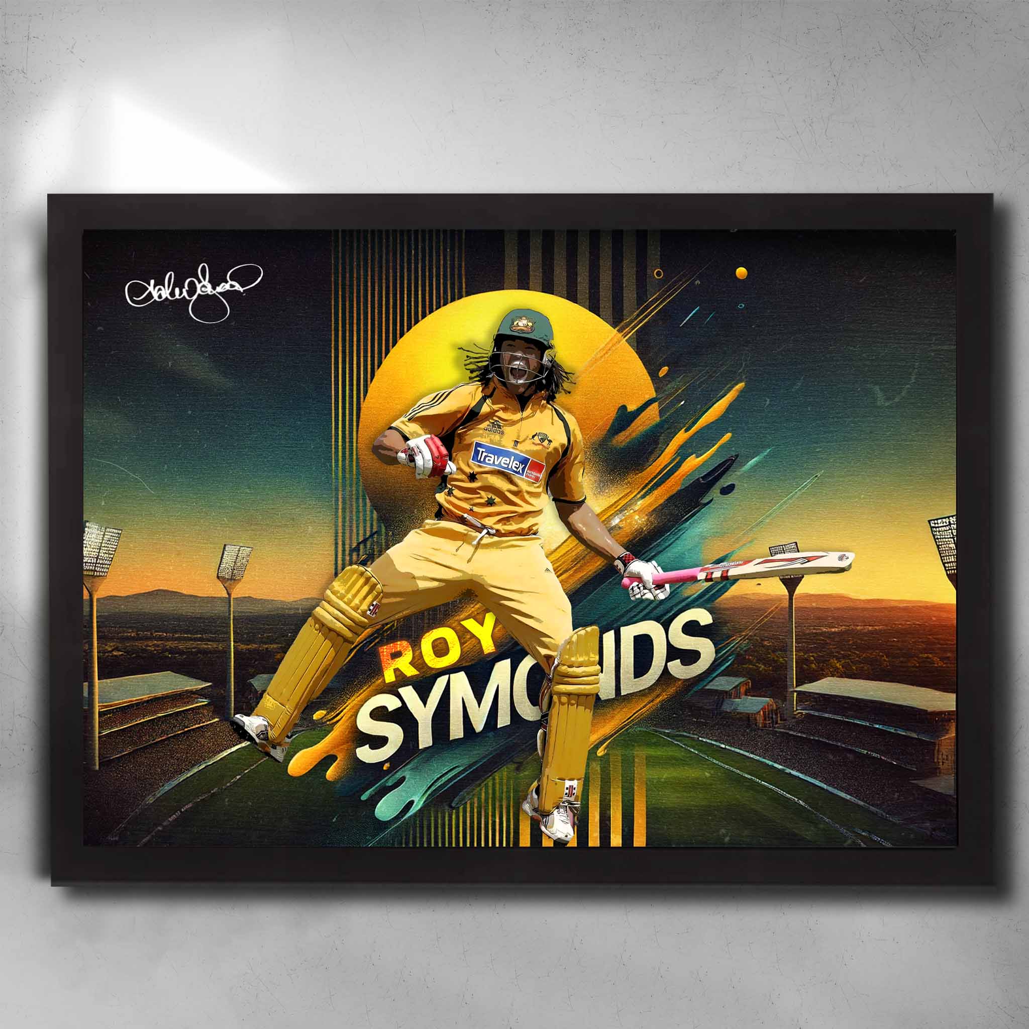 Black framed cricket art featuring a signed print of the legend Andrew Symonds - Artwork by Sports Cave.