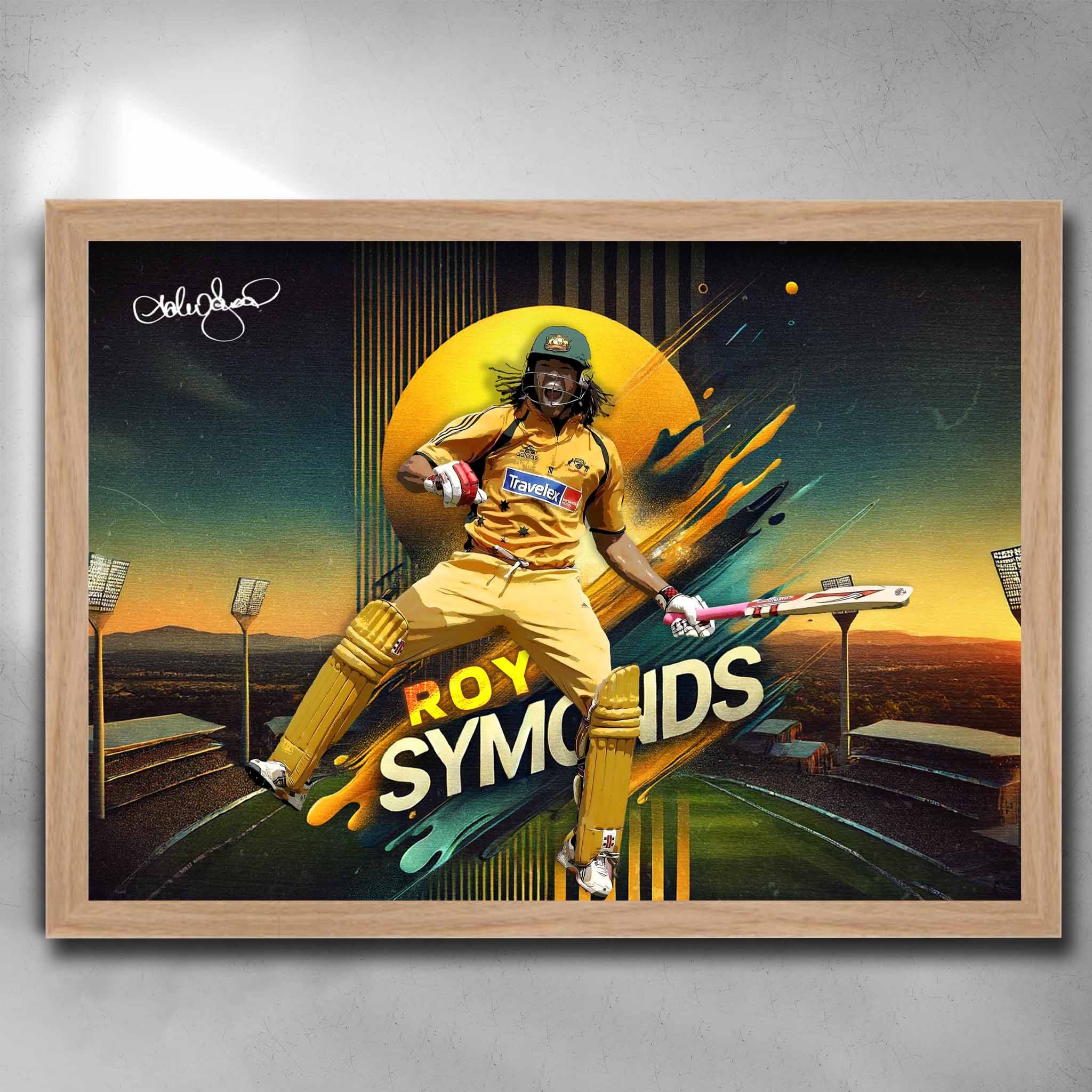 Oak framed cricket art featuring a signed print of the legend Andrew Symonds - Artwork by Sports Cave.