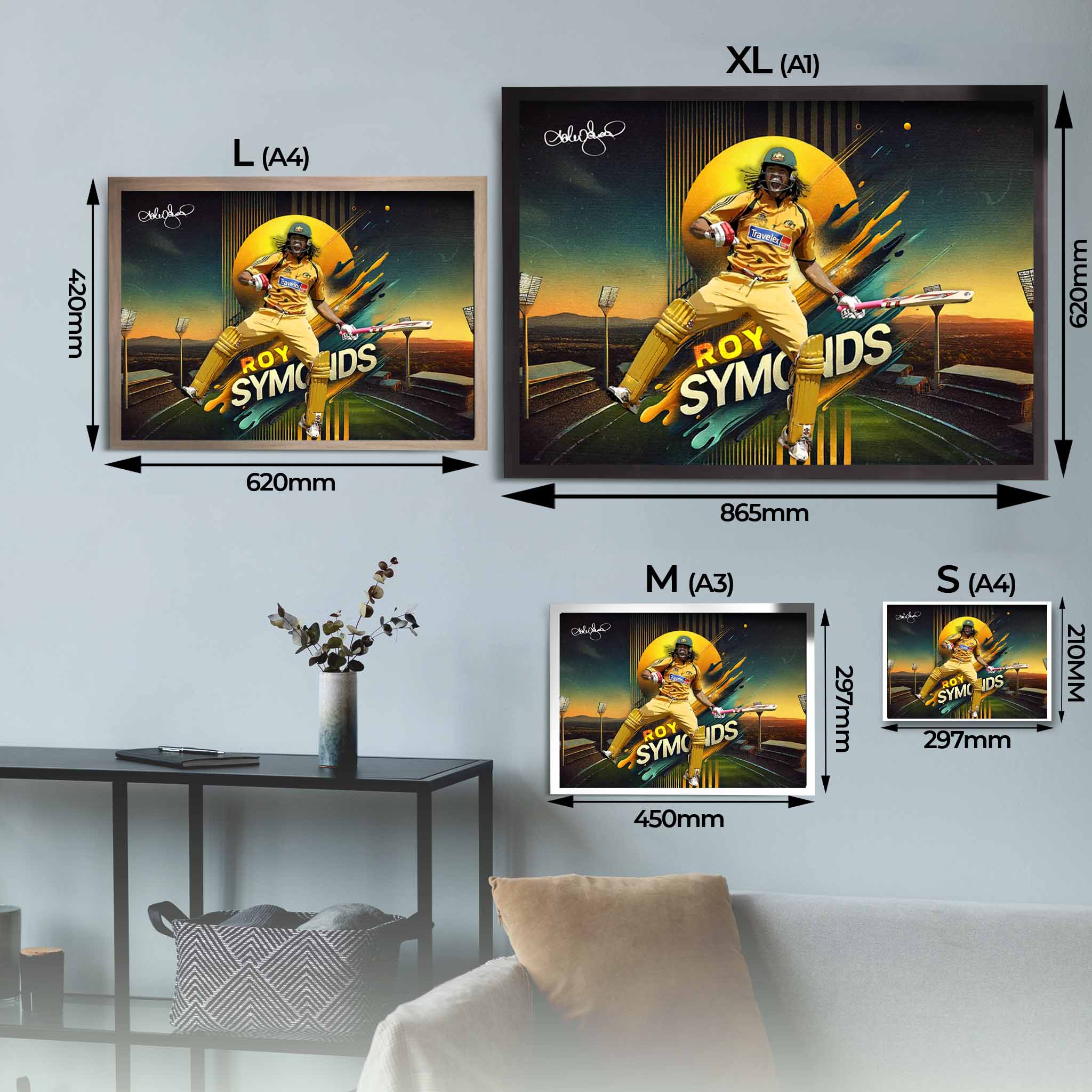 Framed art sizing guide of Andrew Symonds - Artwork by Sports Cave.