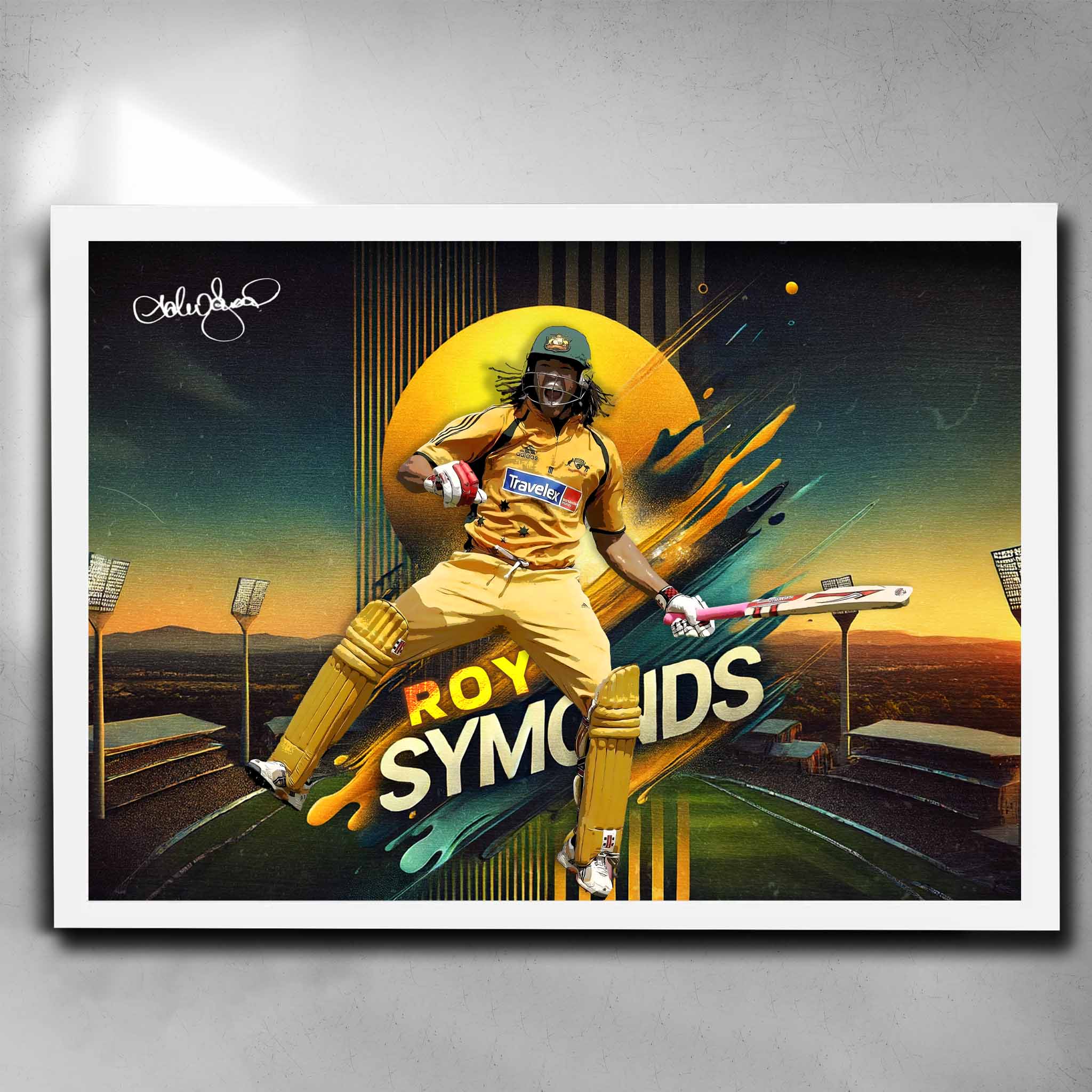 White framed cricket art featuring a signed print of the legend Andrew Symonds - Artwork by Sports Cave.