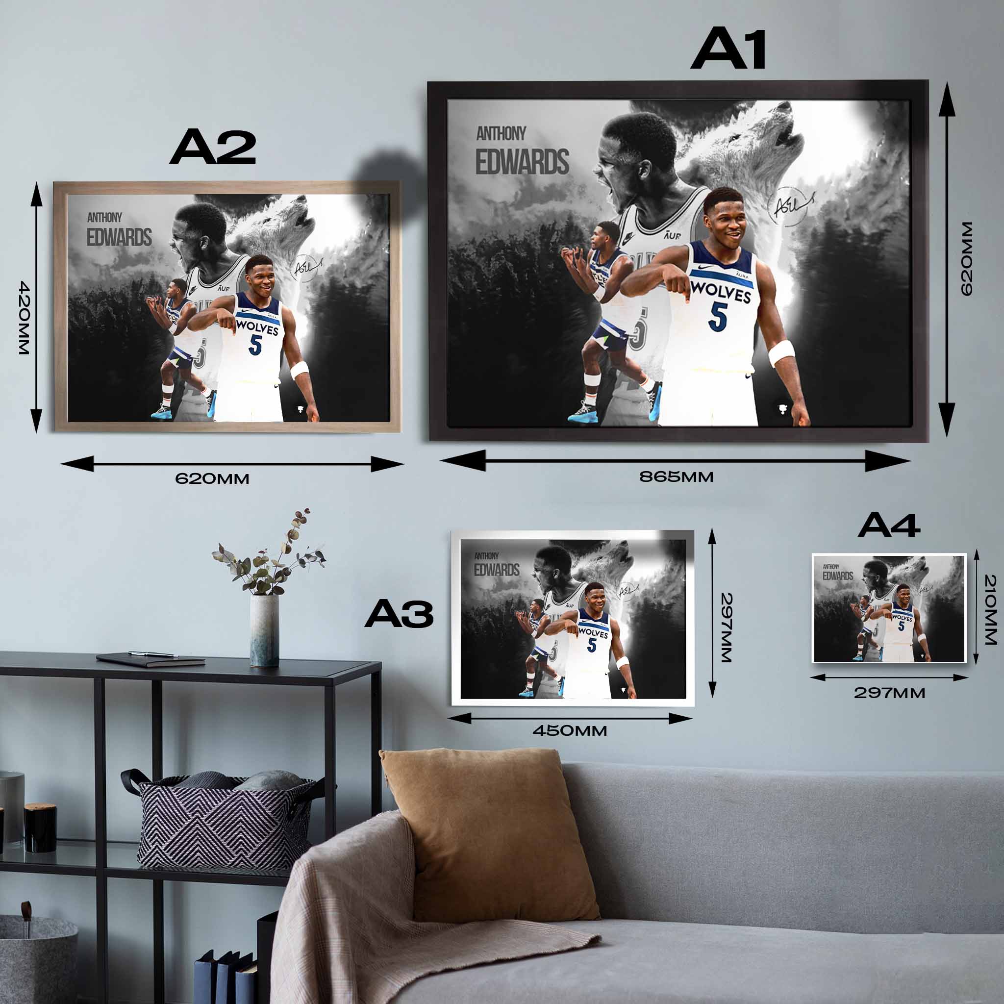 Anthony Edwards from the Minnesota Timberwolves Poster Sizing Guide.