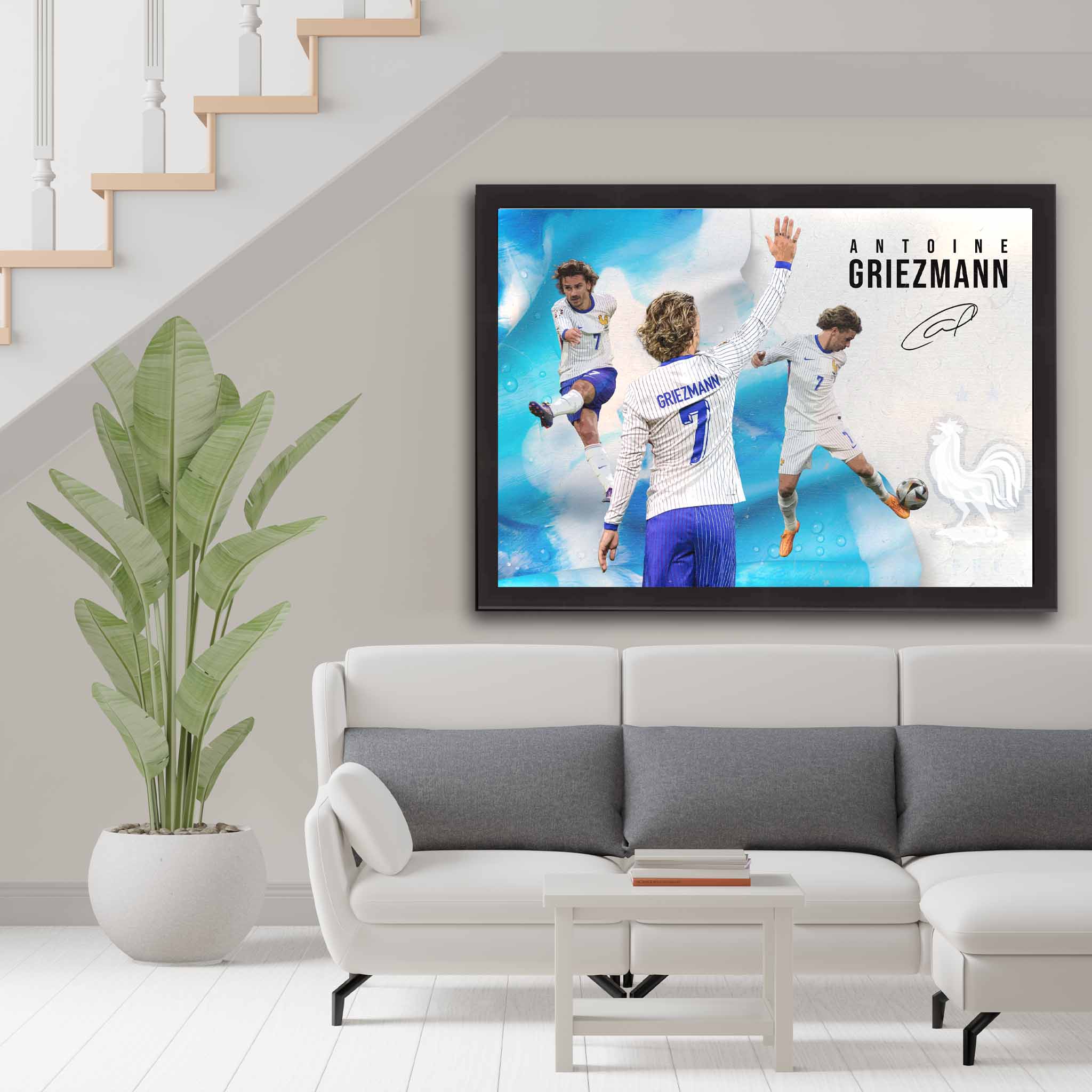 Antoine Griezmann framed football poster in modern living room decor | Soccer art for man cave or fan space.