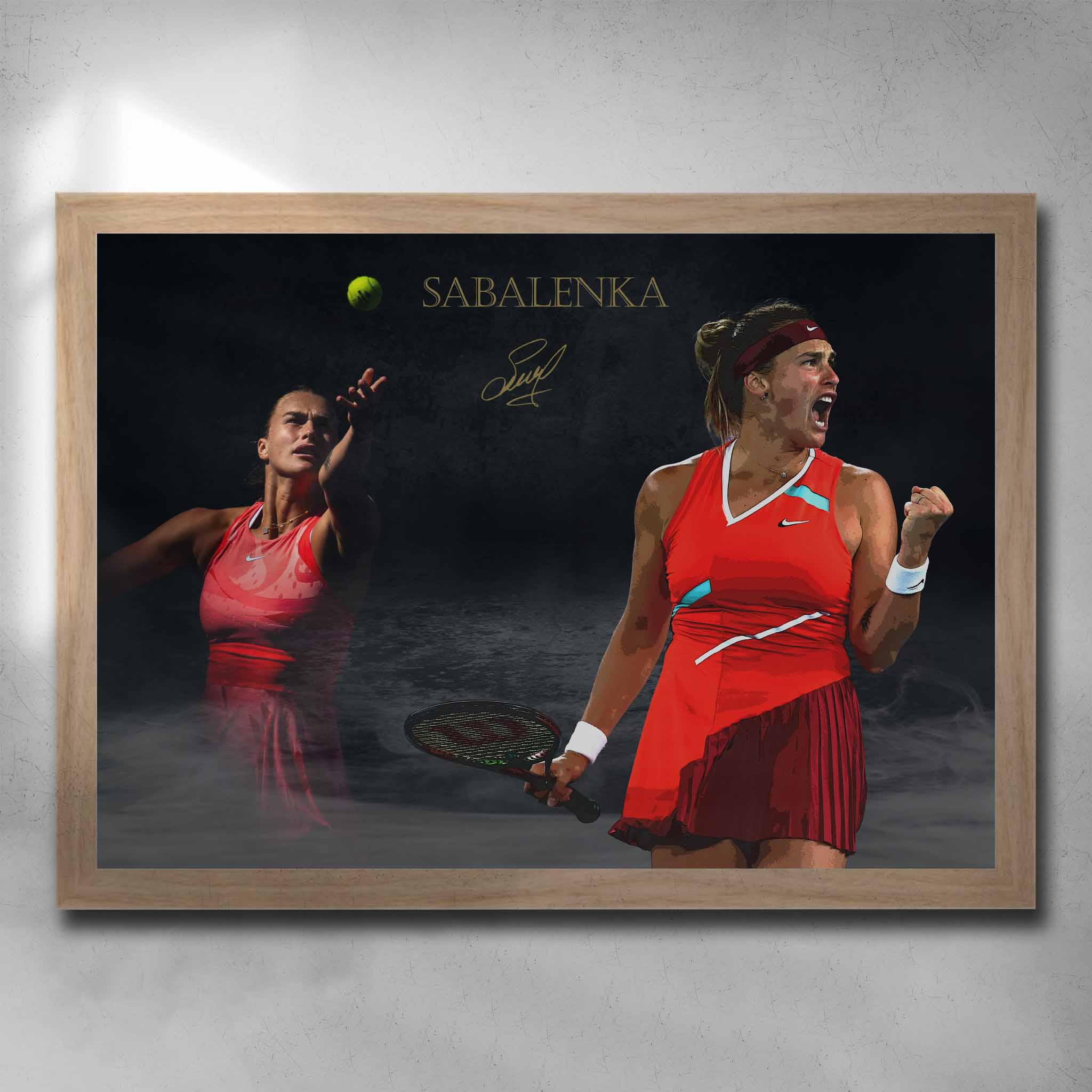 Oak framed tennis art by Sports Cave, featuring Aryna Sabalenka.