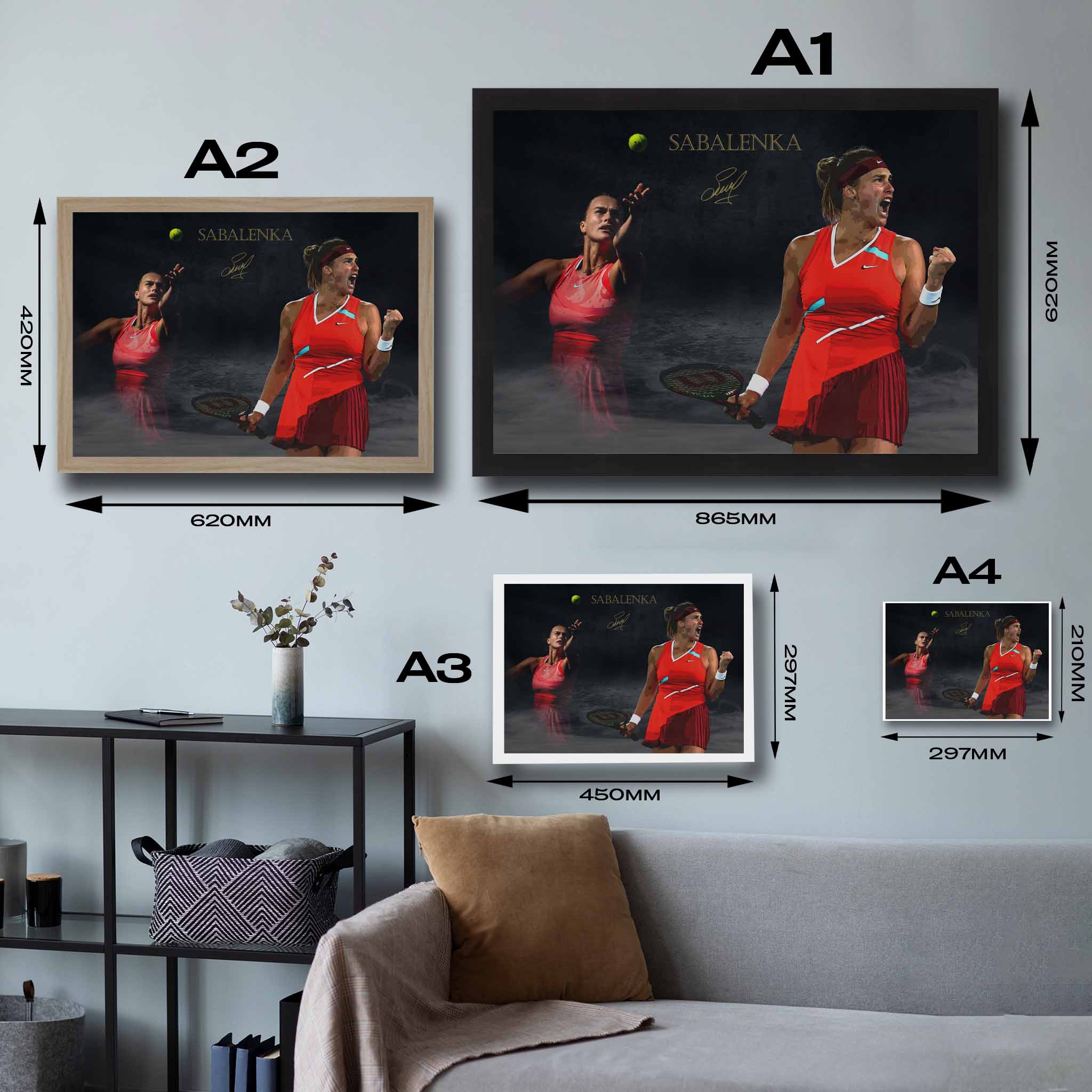 Framed art sizing guide featuring Aryna Sabalenka.