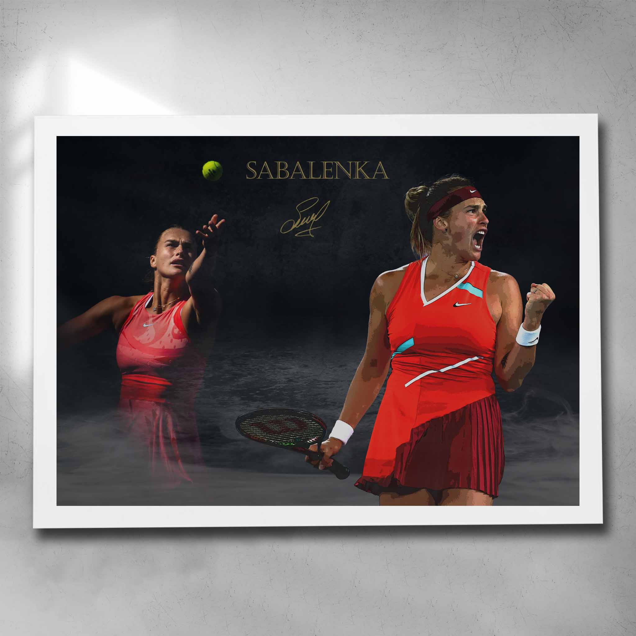 White framed tennis art by Sports Cave, featuring Aryna Sabalenka.