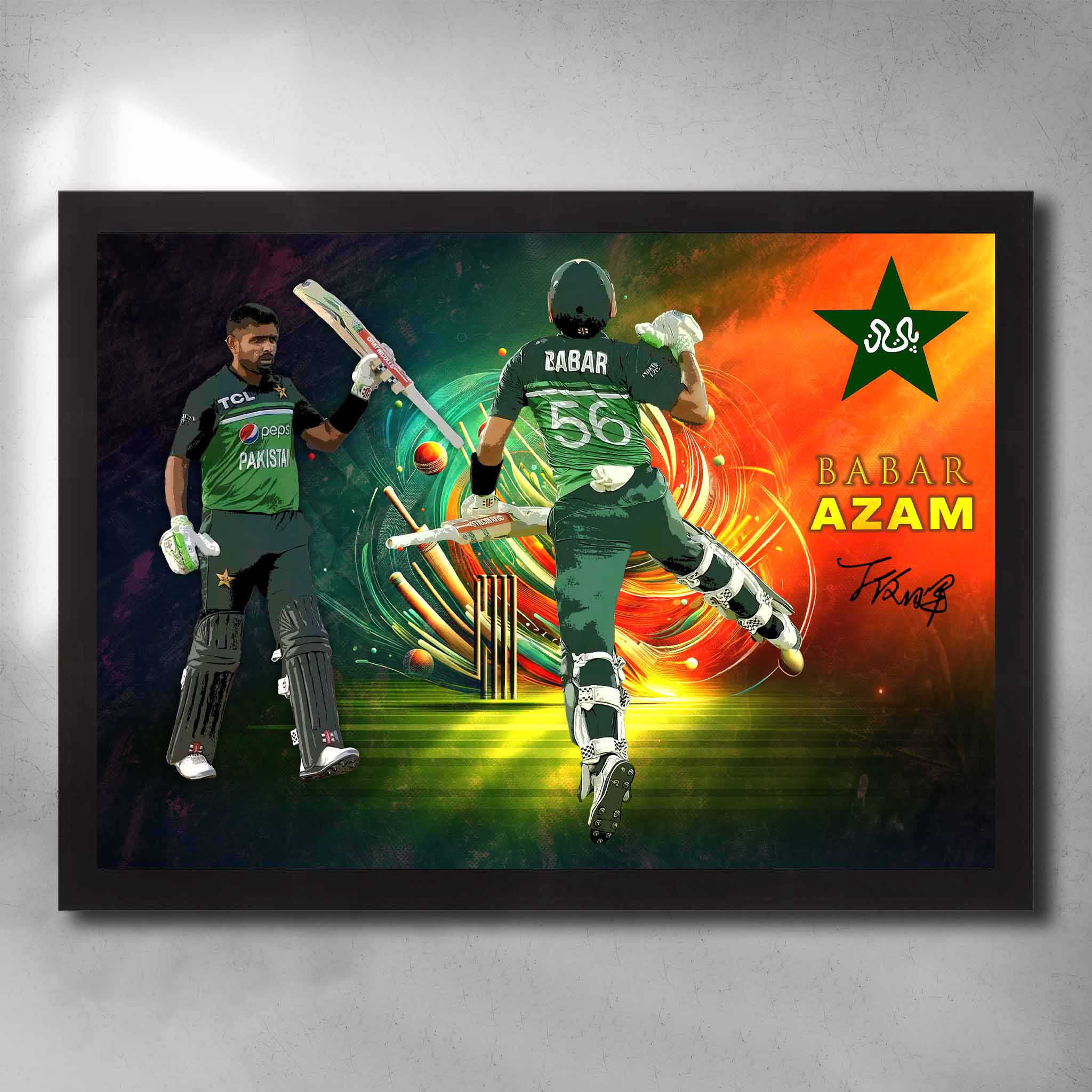 Black framed cricket art featuring a signed print of Barbar Azam from Pakistan - Artwork by Sports Cave.