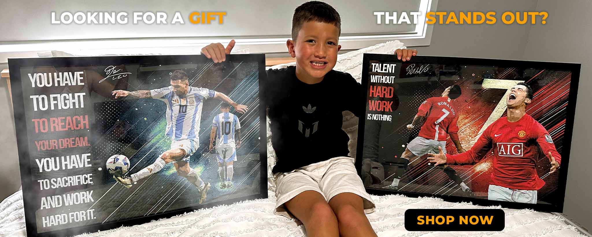 Boy holding framed posters of Lionel Messi and Cristiano Ronaldo with motivational quotes, and text reading 'Looking for a gift that stands out?