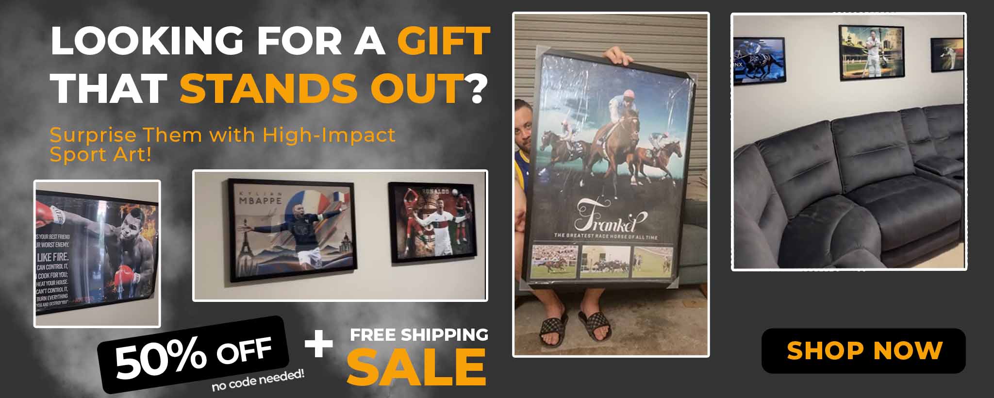 High-quality sports art display featuring framed posters of Muhammad Ali, Mbappé, Ronaldo, and Frankel horse racing art. Limited time 50% off and free shipping sale on sport posters, perfect for unique gifts.