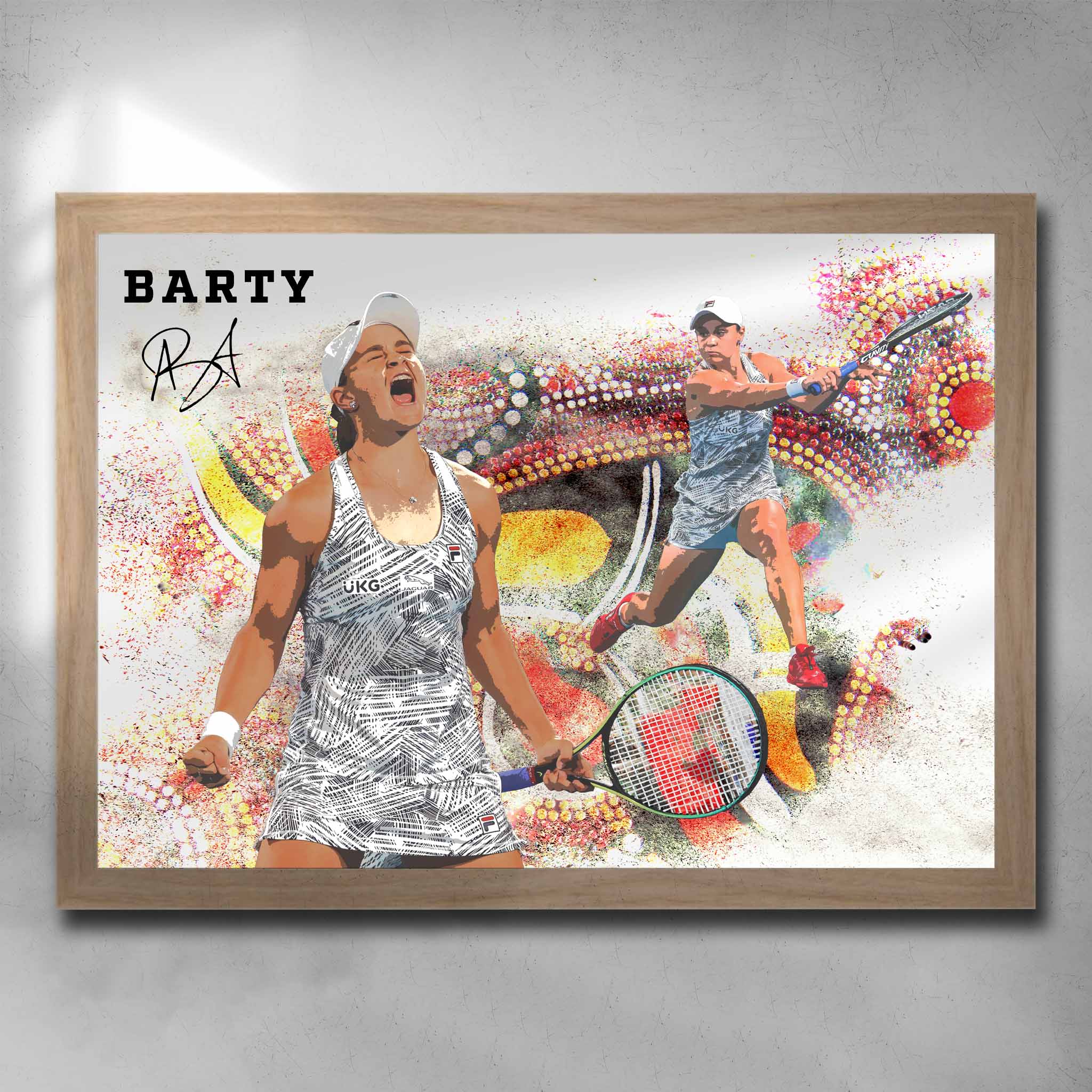 Ash Barty Tennis Tribute Poster in a sleek oak frame, showcasing the iconic Australian tennis star's moments of triumph and determination on the court.