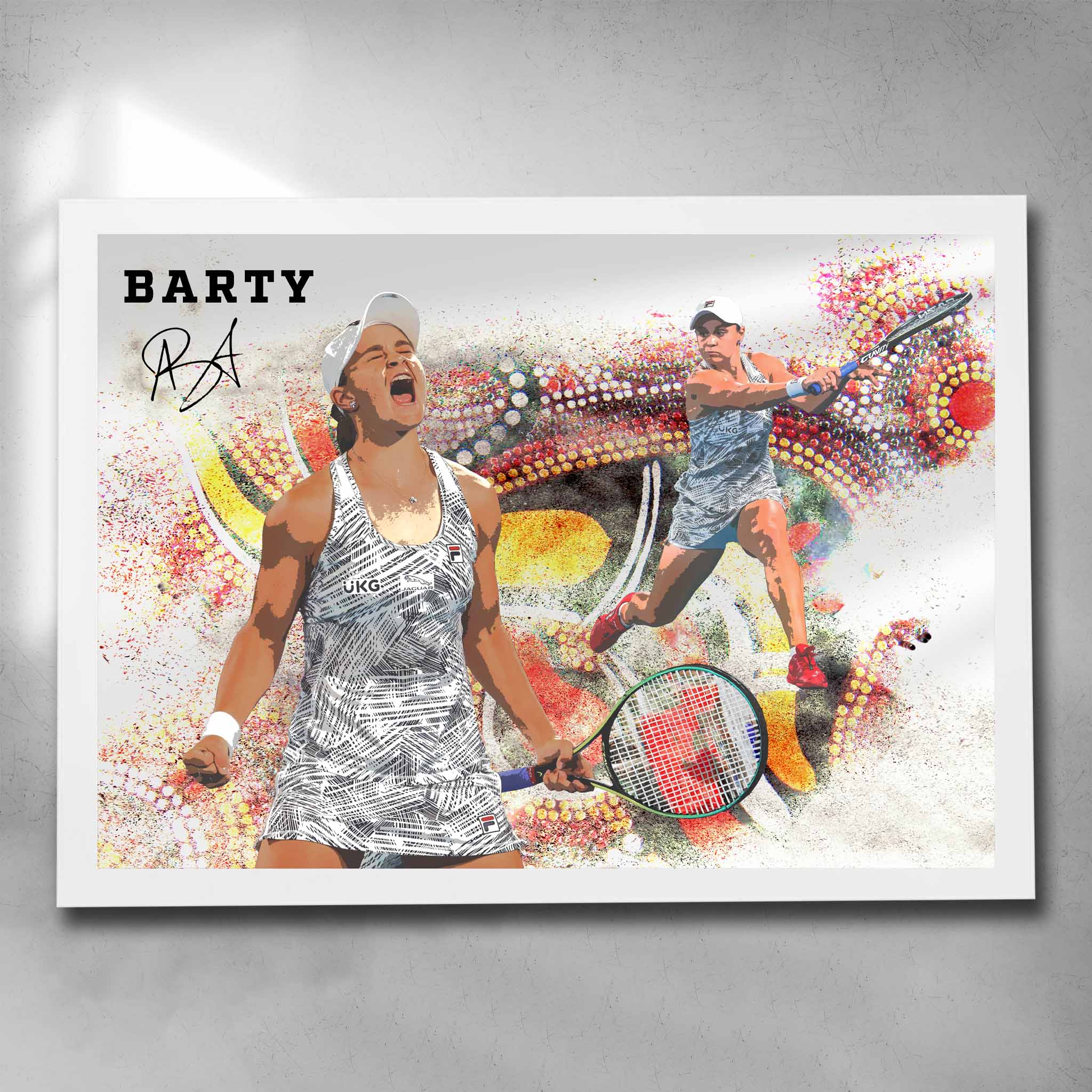 Ash Barty Tennis Tribute Poster in a sleek white frame, showcasing the iconic Australian tennis star's moments of triumph and determination on the court.