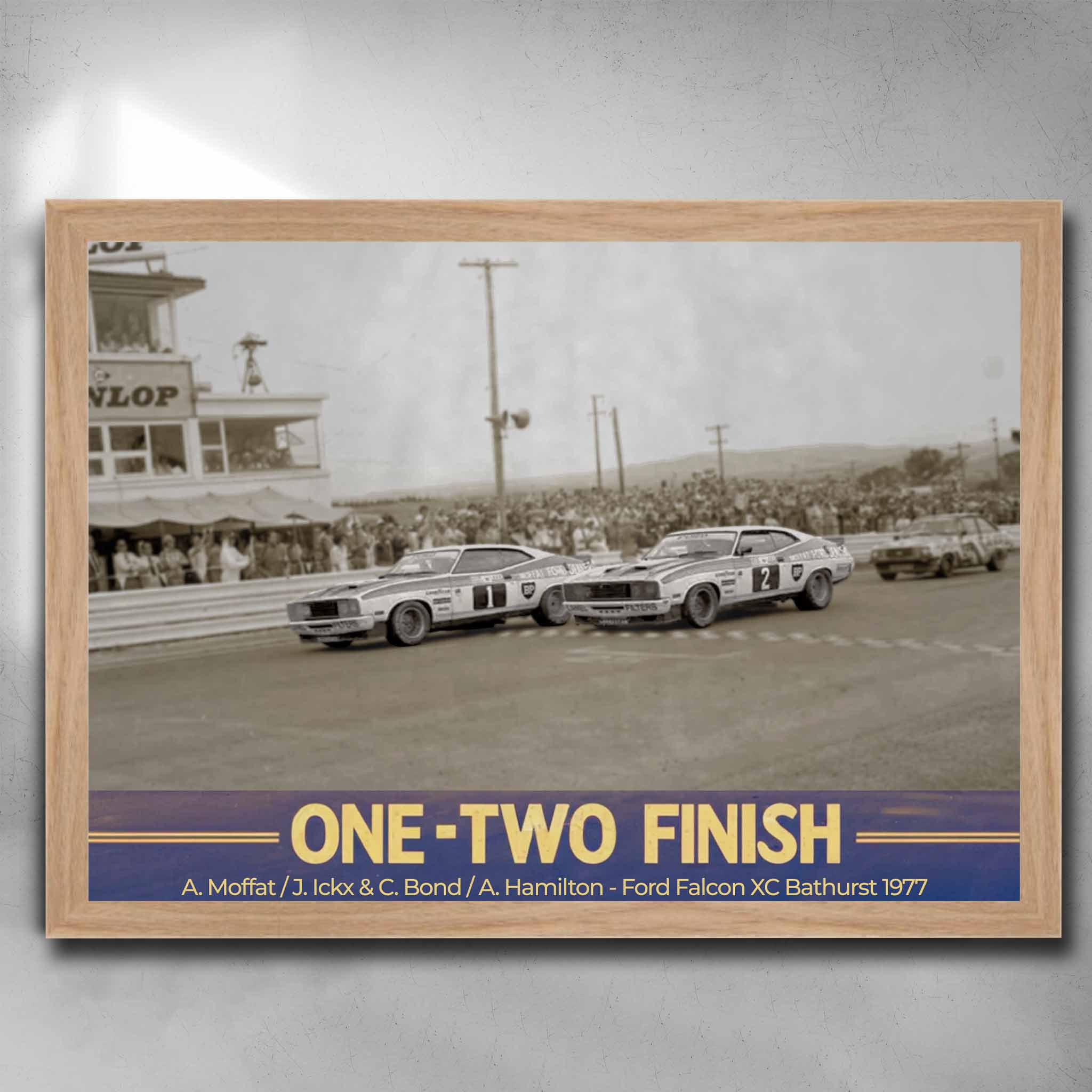 Oak framed Vintage Bathurst 1977 Ford Falcon XC One-Two Finish Art by Sports Cave.