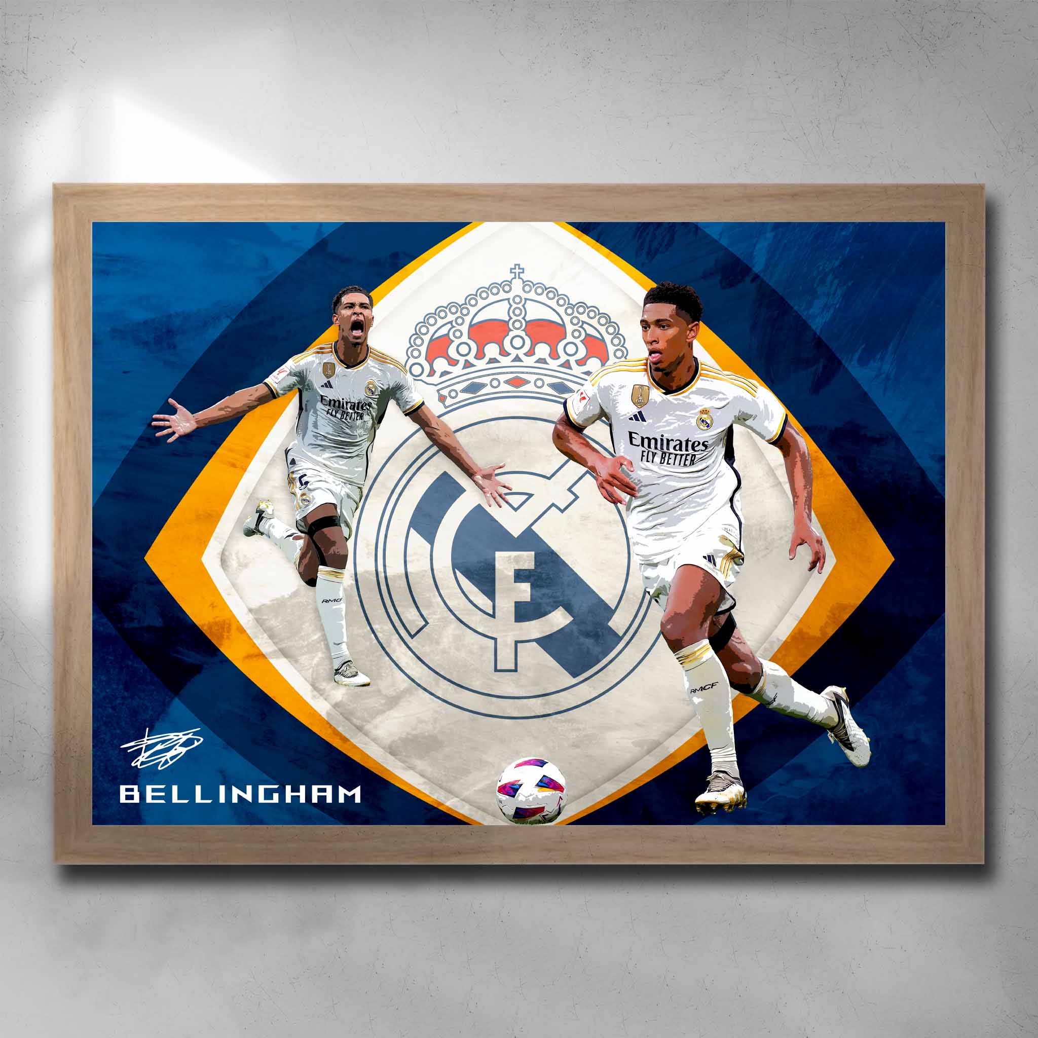 Oak framed soccer art by Sports Cave, featuring Jude Bellingham from Real Madrid.