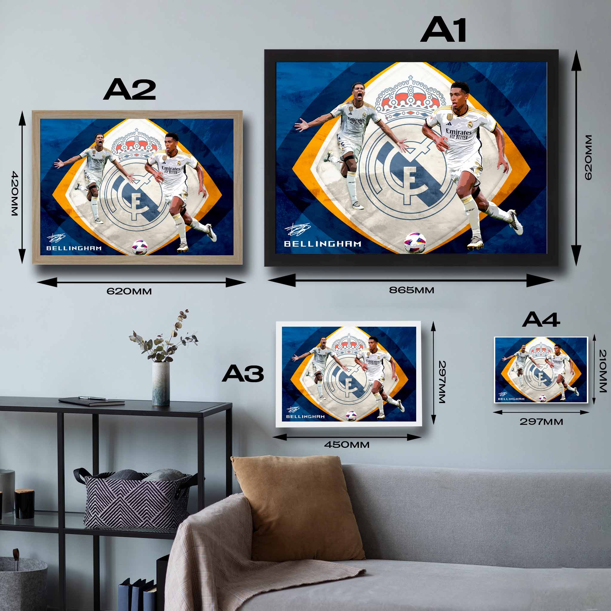 Visual representation of Jude Bellingham framed art size options, ranging from A4 to A2, for selecting the right size for your space.