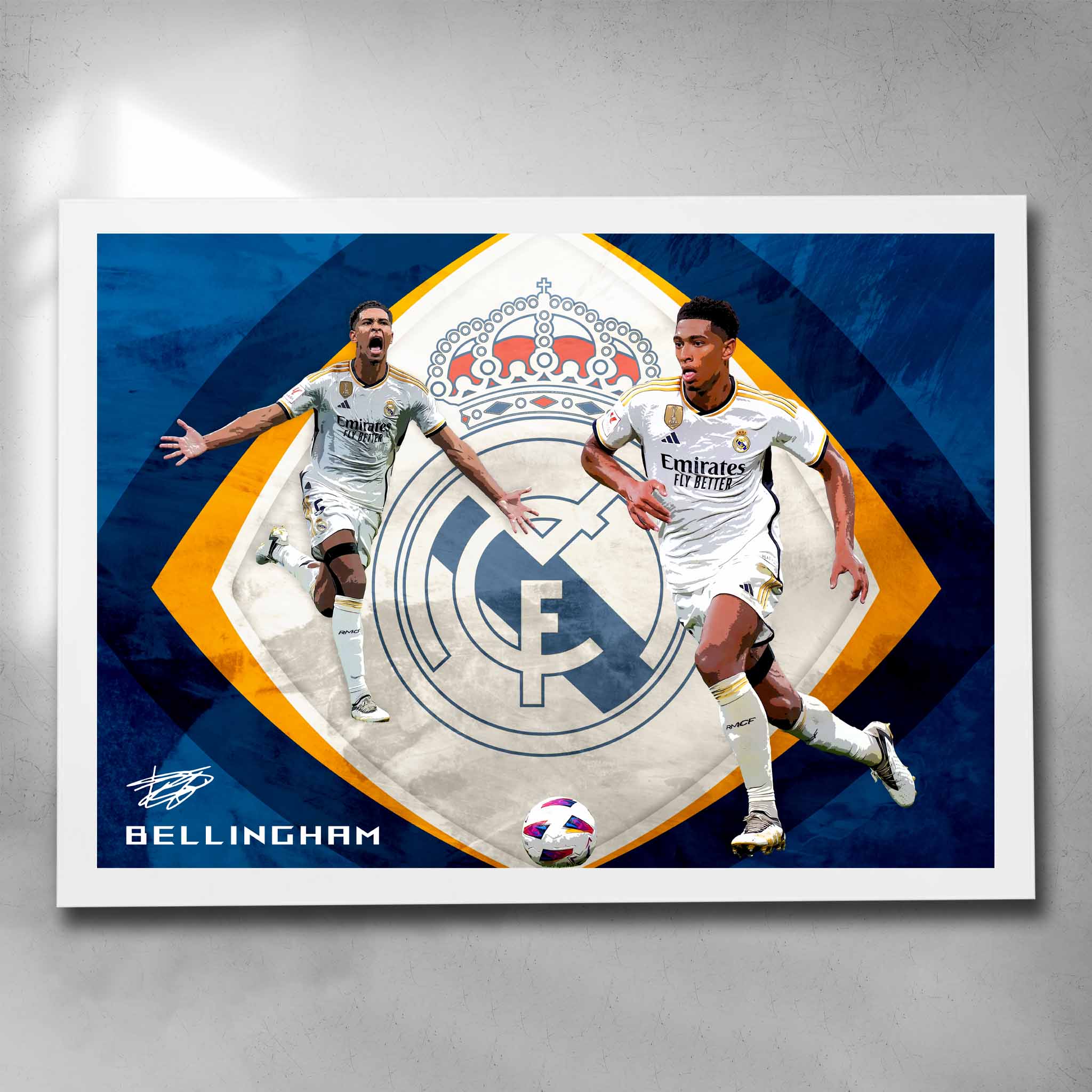 White framed soccer art by Sports Cave, featuring Jude Bellingham from Real Madrid.