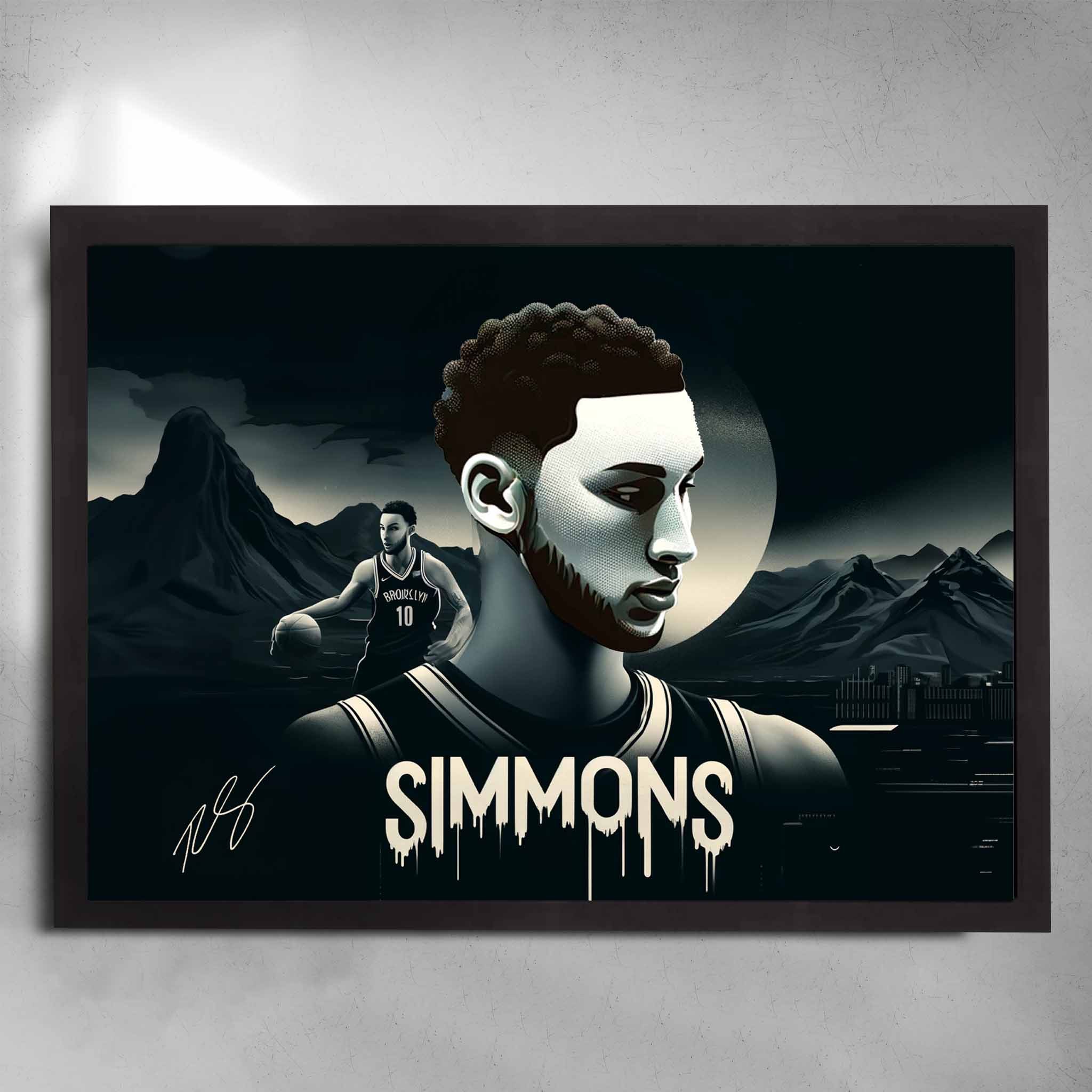 Black framed NBA Art by Sports Cave, featuring Ben Simmons from the Brooklyn Nets.