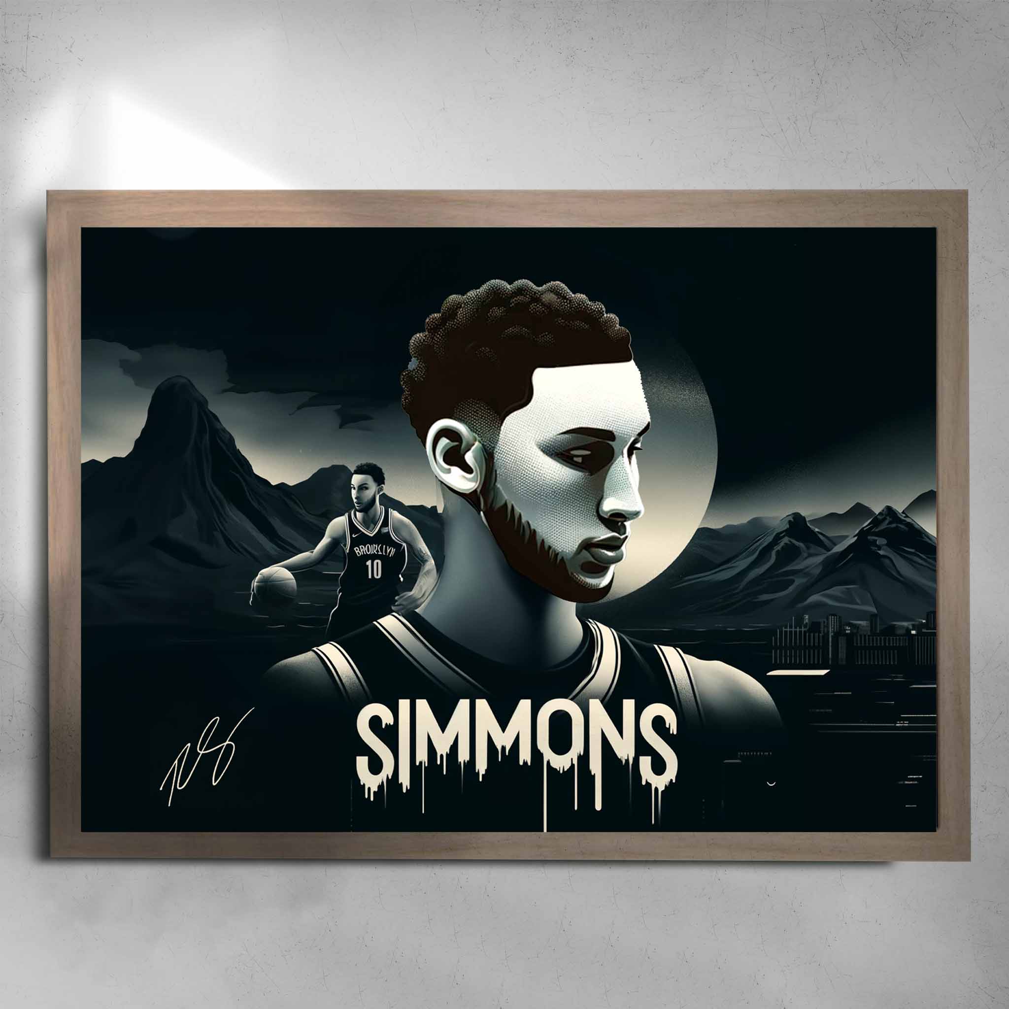 Oak framed NBA Art by Sports Cave, featuring Ben Simmons from the Brooklyn Nets.