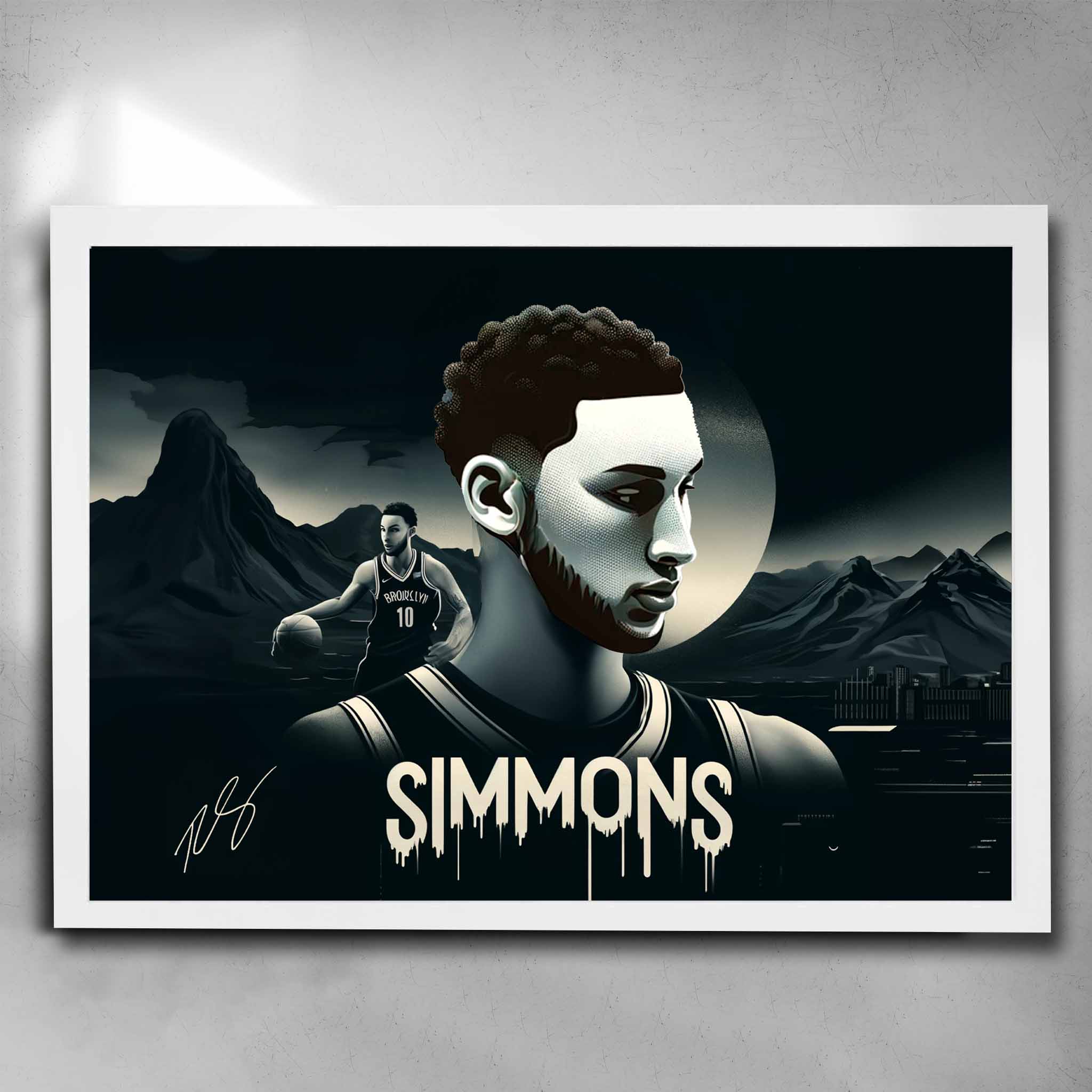 White framed NBA Art by Sports Cave, featuring Ben Simmons from the Brooklyn Nets.