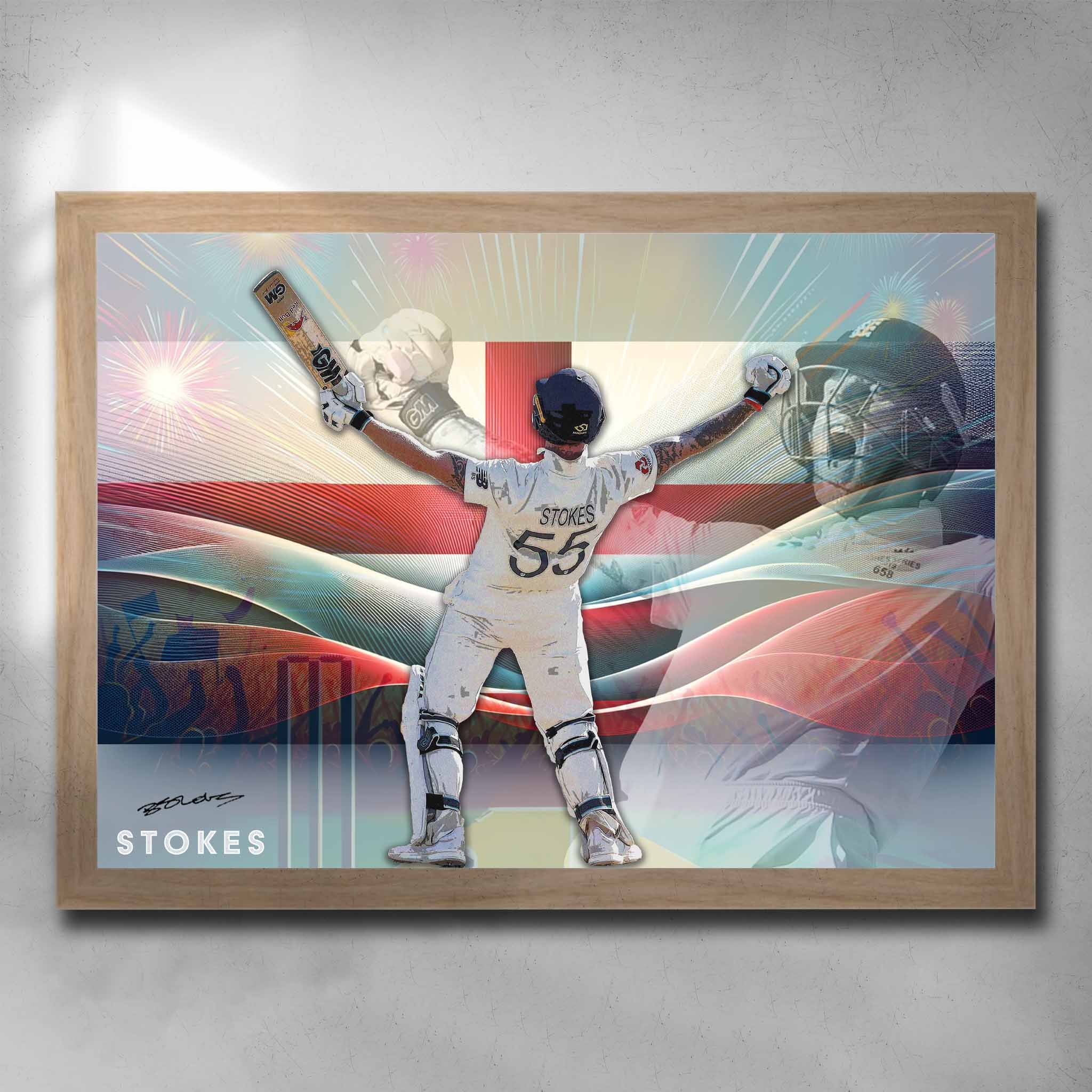 Oak framed cricket art by Sports Cave, featuring Ben Stokes from England.