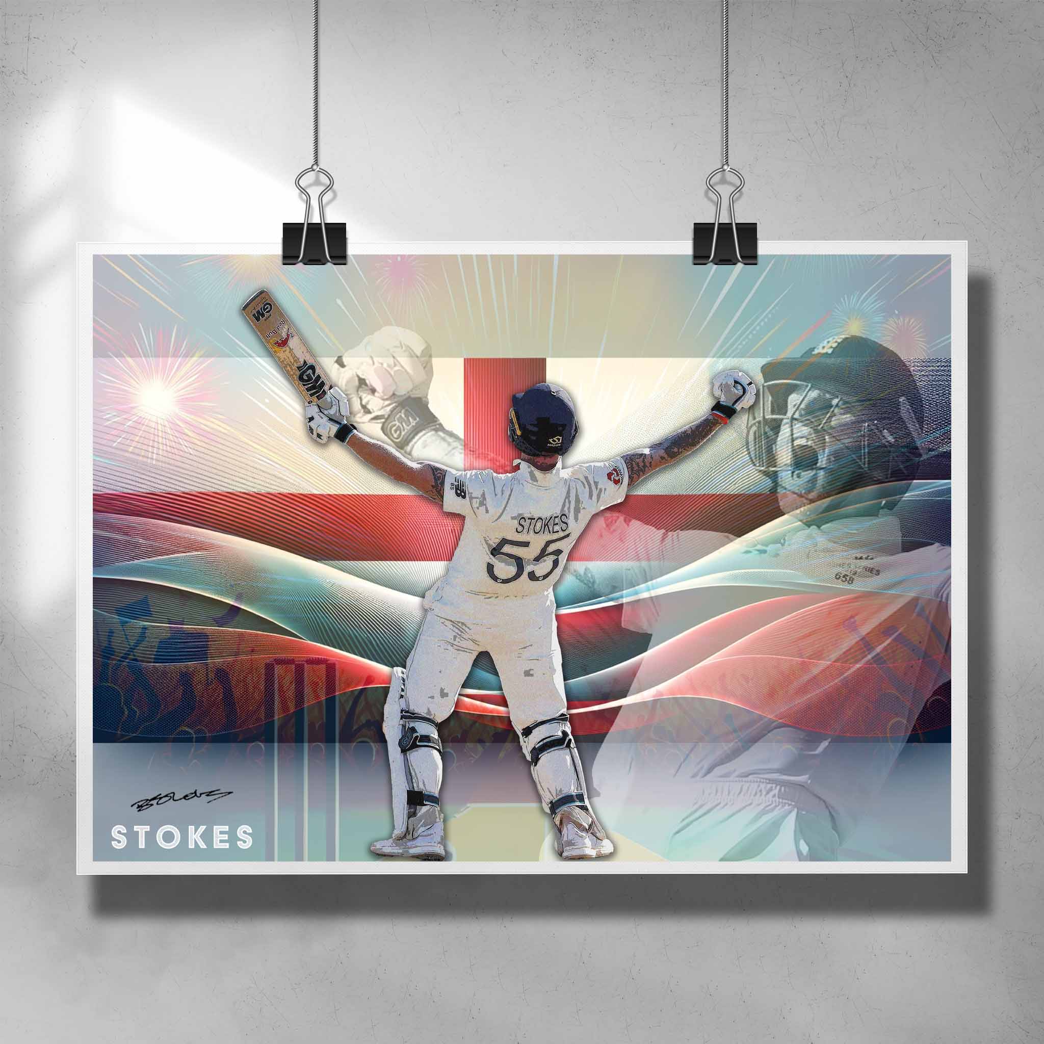 Cricket art poster Sports Cave, featuring Ben Stokes from England.