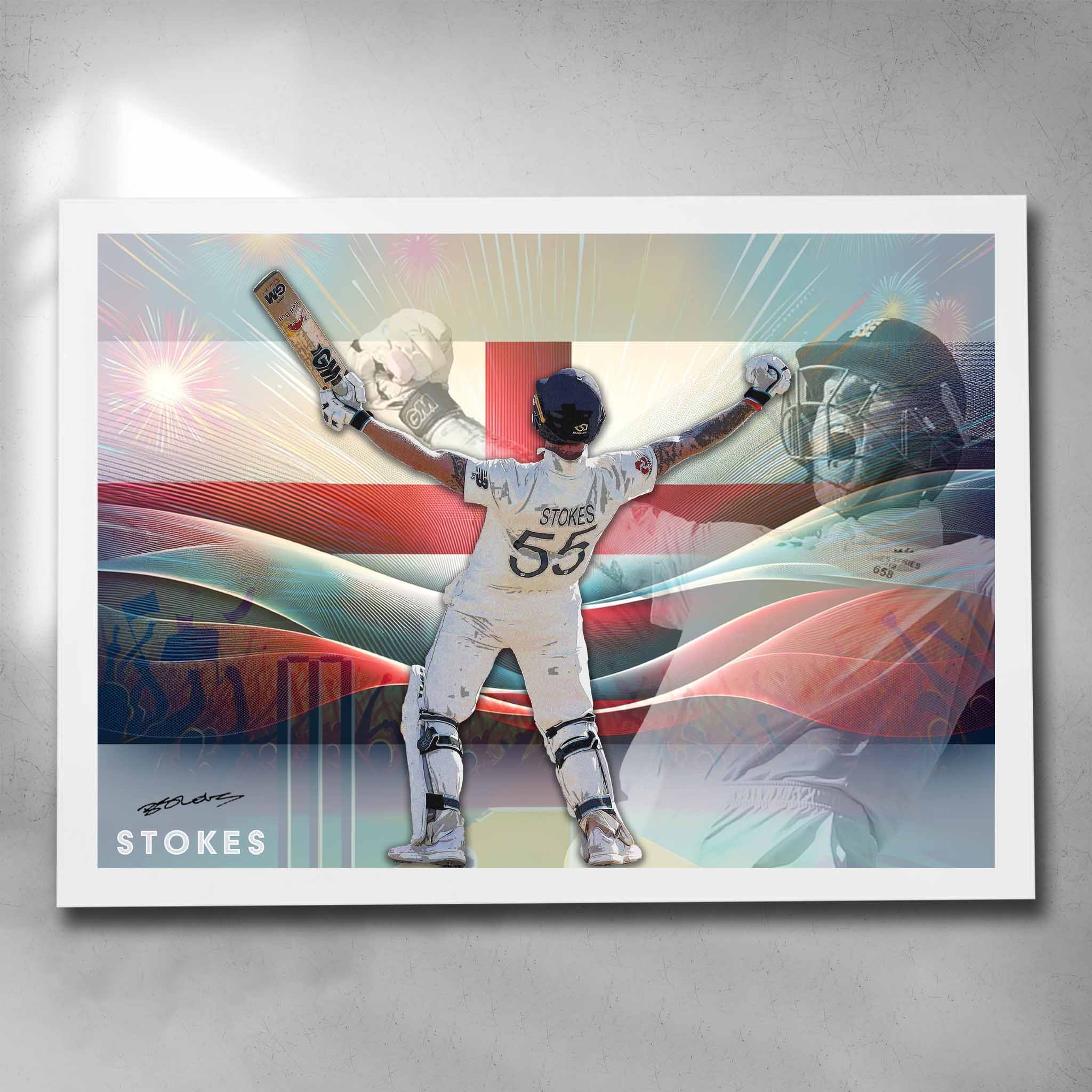 White framed cricket art by Sports Cave, featuring Ben Stokes from England.