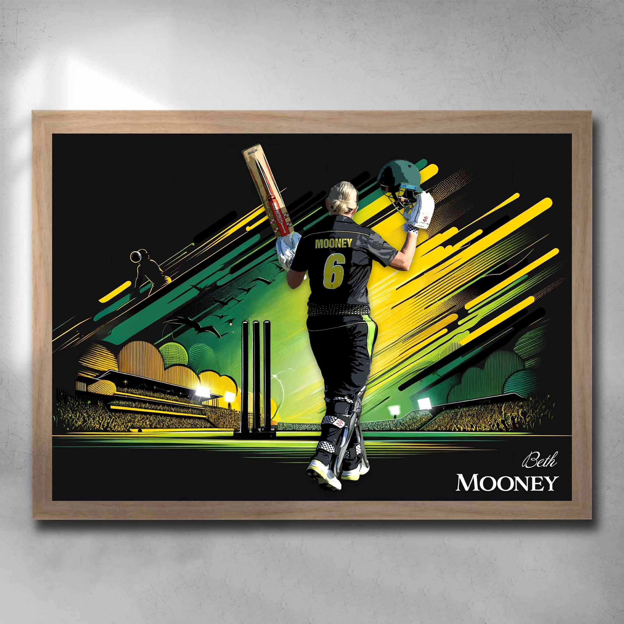 Oak framed cricket art by Sports Cave, featuring Beth Mooney from the Australian women's cricket team.