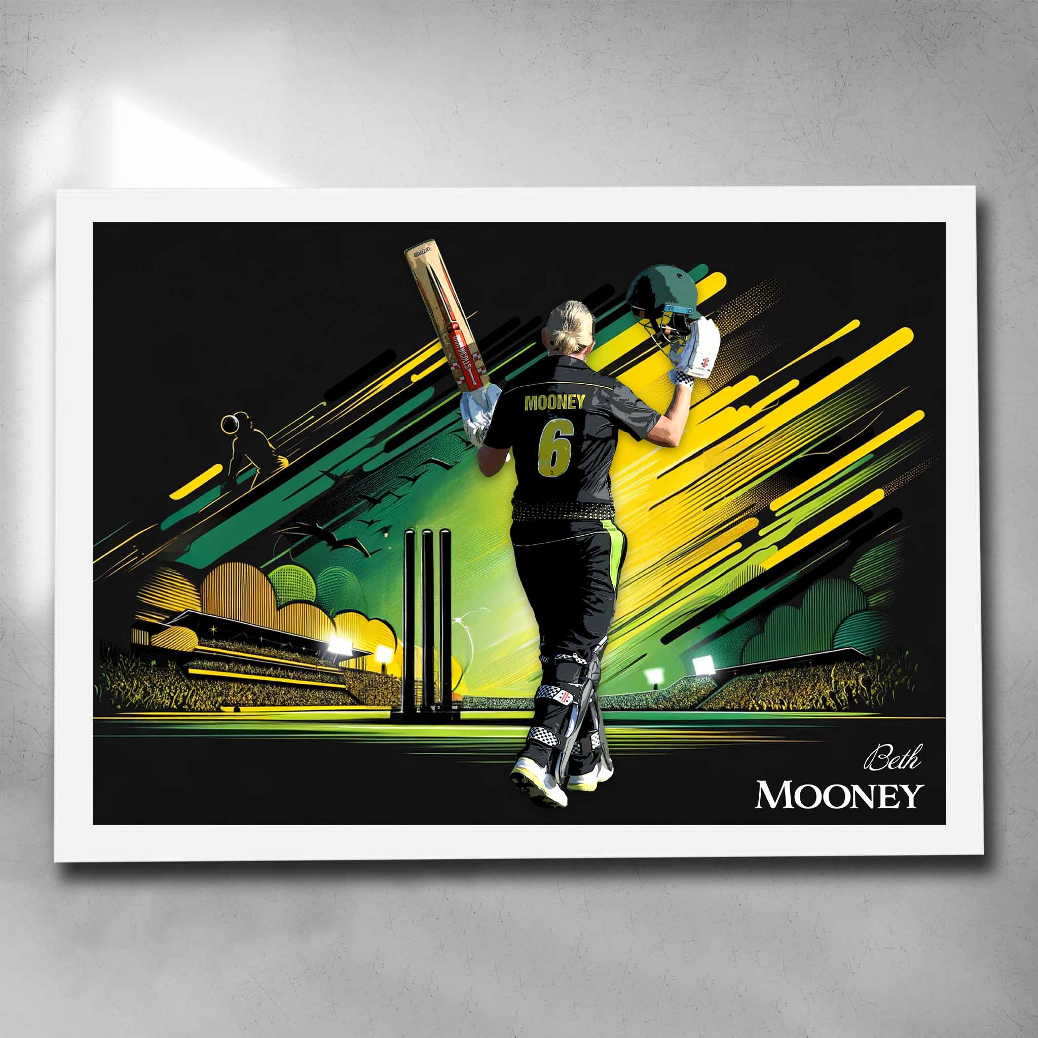 White framed cricket art by Sports Cave, featuring Beth Mooney from the Australian women's cricket team.