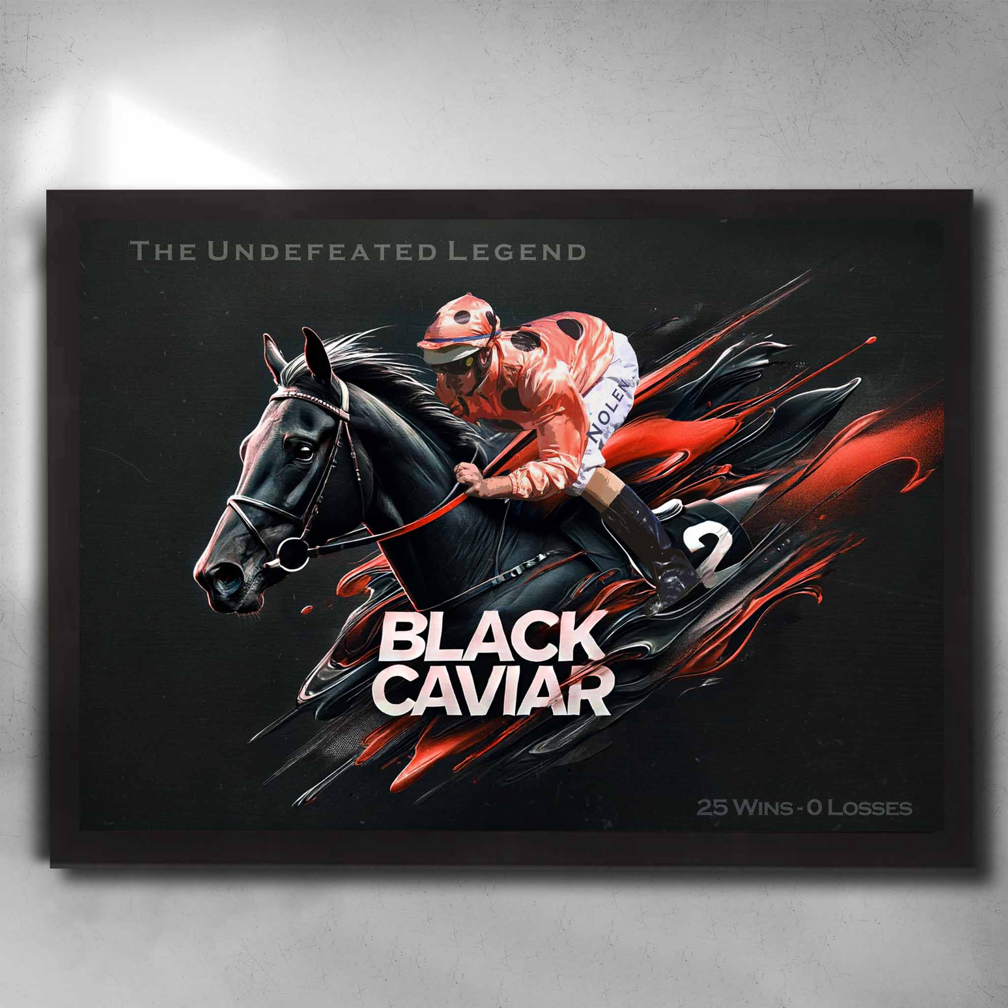 Black framed horse racing poster by Sports Cave, featuring Black Caviar from the Peter Moody Stable.