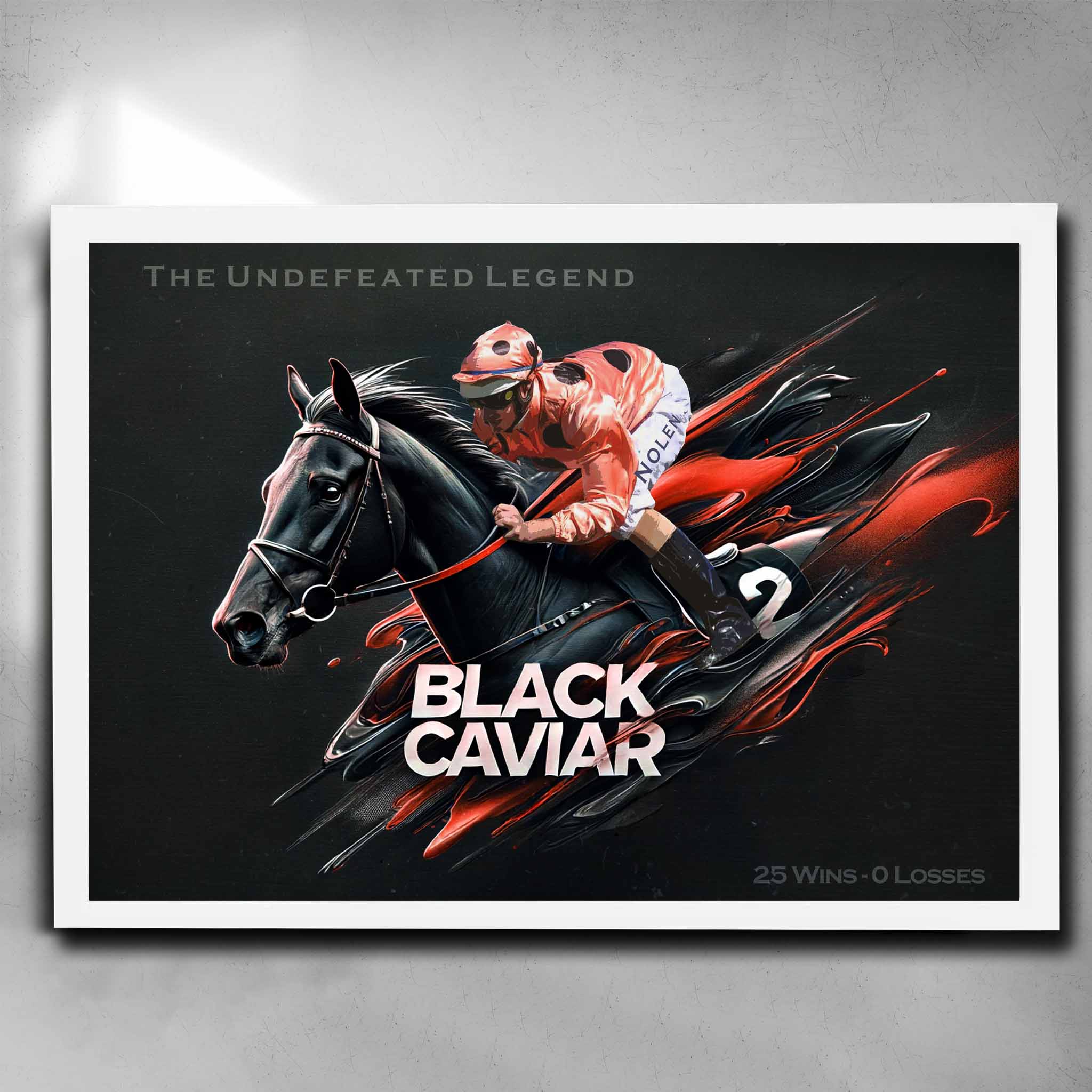 White framed horse racing poster by Sports Cave, featuring Black Caviar from the Peter Moody Stable.