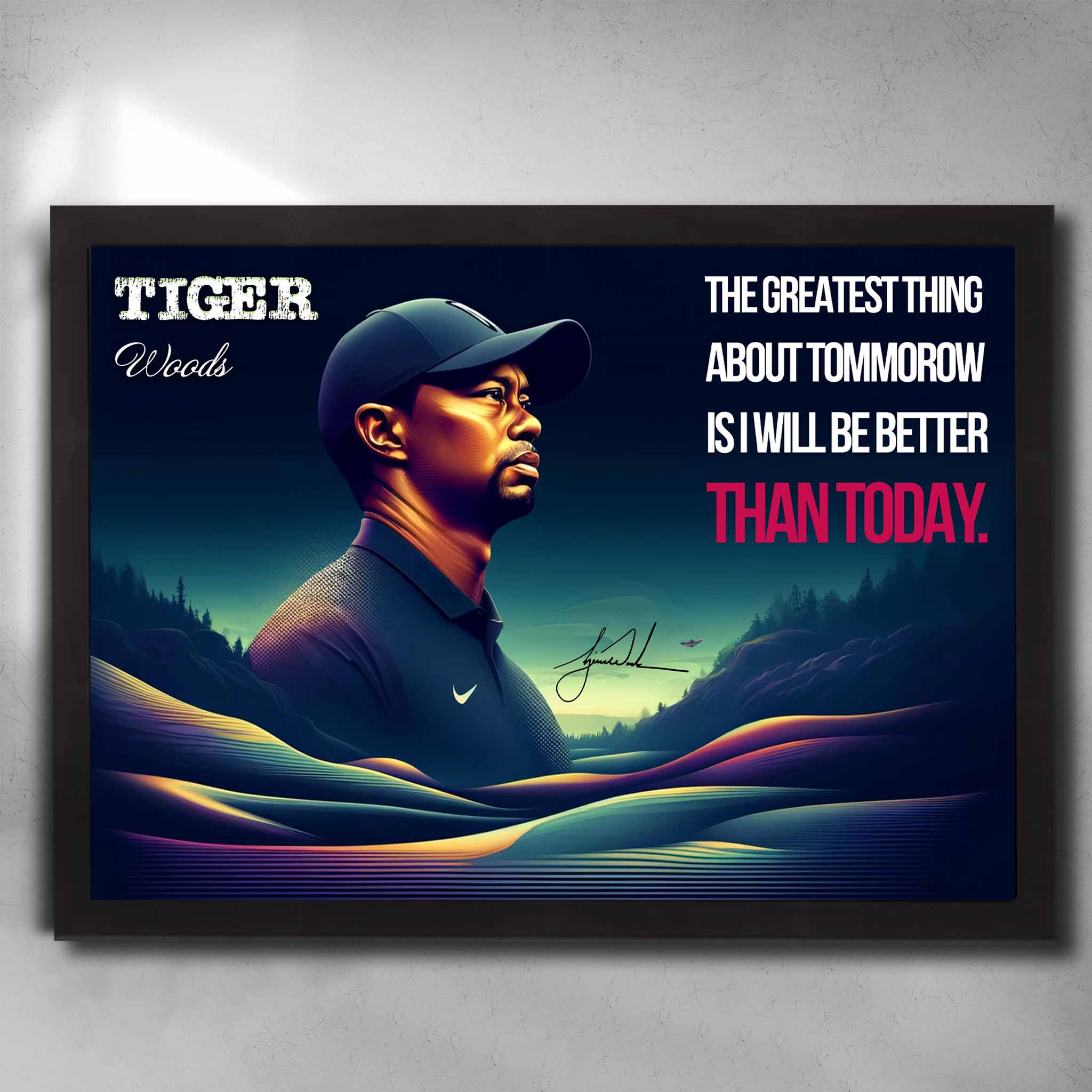 Black framed golf art by Sports Cave, featuring the golf icon Tiger Woods.